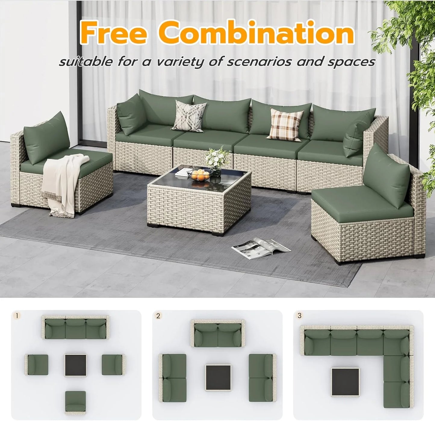 UDPATIO Outdoor Patio Furniture Set, 7-Piece PE Wicker Sectional Sofa with Tea Table, Outdoor Conversation Set