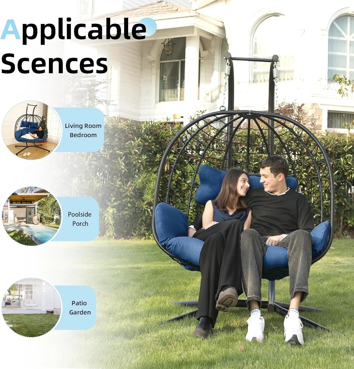 Double Egg Chair wth Stand Hammock Swing Chair Foldable Hanging Loveseat, UV Resistant Removable Cushions, 700LBS Capacity for Bedroom