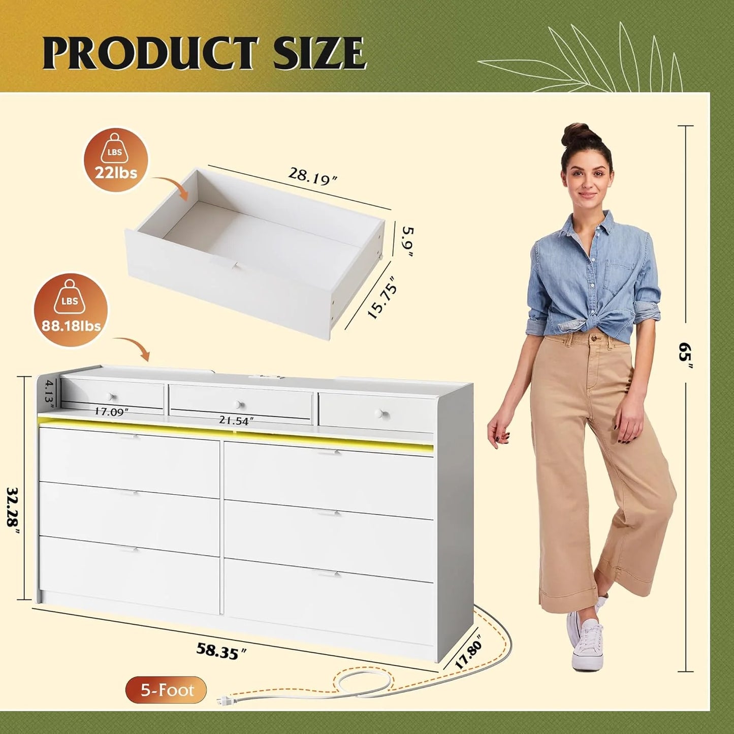 9 Drawer Led Dresser for Bedroom, 58.35'' Wide Wood Dresser Storage Organizer with Power Outlets for 65'' TV, Dressers with Open Shelves