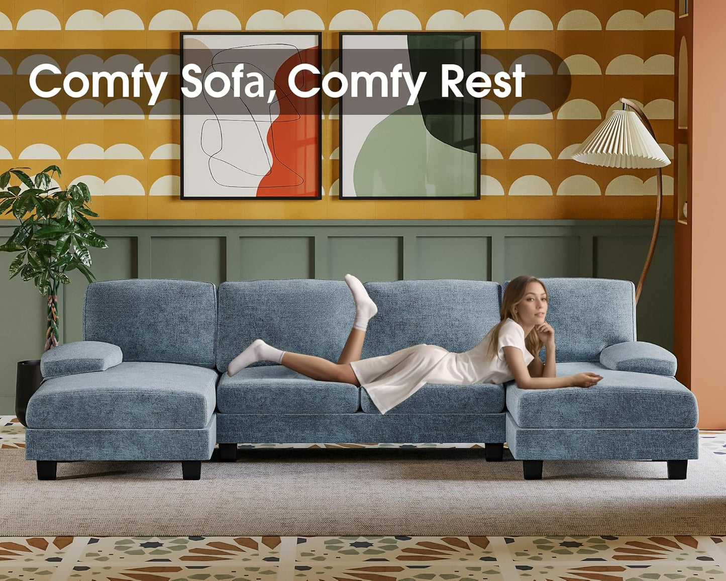 Furmax Sectional Couches for Living Room, U-Shaped Sofa Couch with Linen Fabric, 4 Seat Sofa Set with Double Chaise for Apartment (Fabric, Grey)