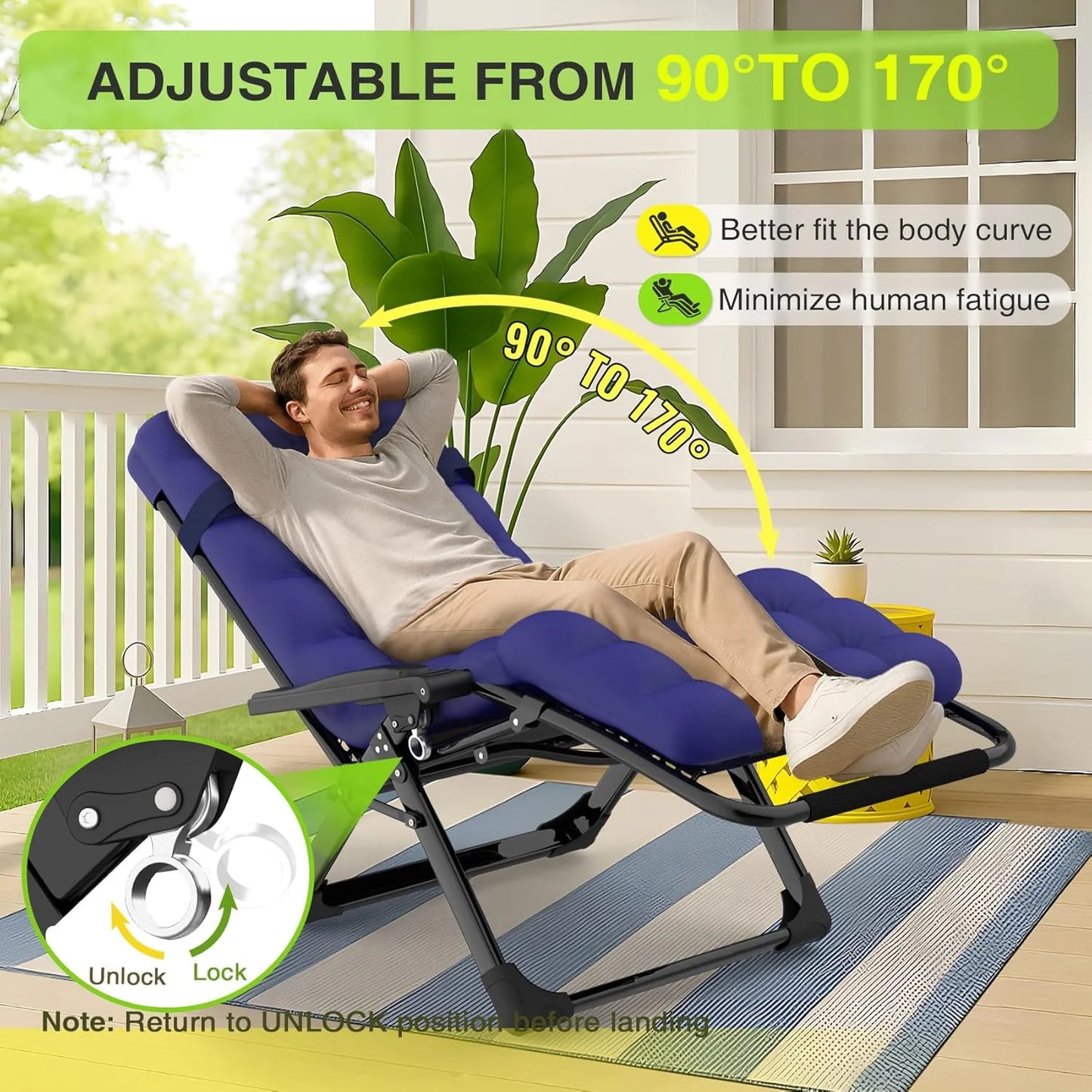 Indoor and outdoor patio chair folding lounge chair zero gravity chair with removable cushion camping lounge chair