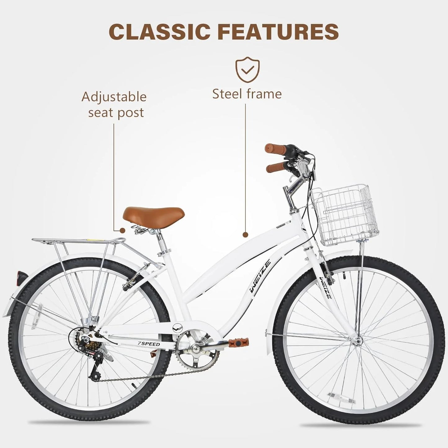WEIZE Beach Cruiser Bike, 26 inch Commuter Bicycle for Adult Men and Women, 7-Speed/High-Carbon Steel/Front & Rear Fenders, Comfortable City Bikes with Rear Rack or Basket, Ergonomic Upright Design