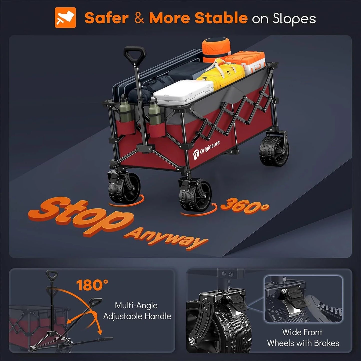 38" long foldable four-wheel stroller, foldable, 460 lb capacity, 220 liter heavy-duty folding beach stroller with large all-terrain tires