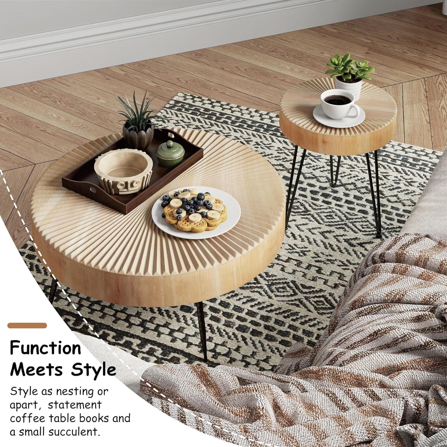 Two-Piece Modern Farmhouse Living Room Coffee Table Set, Round Nesting Tables