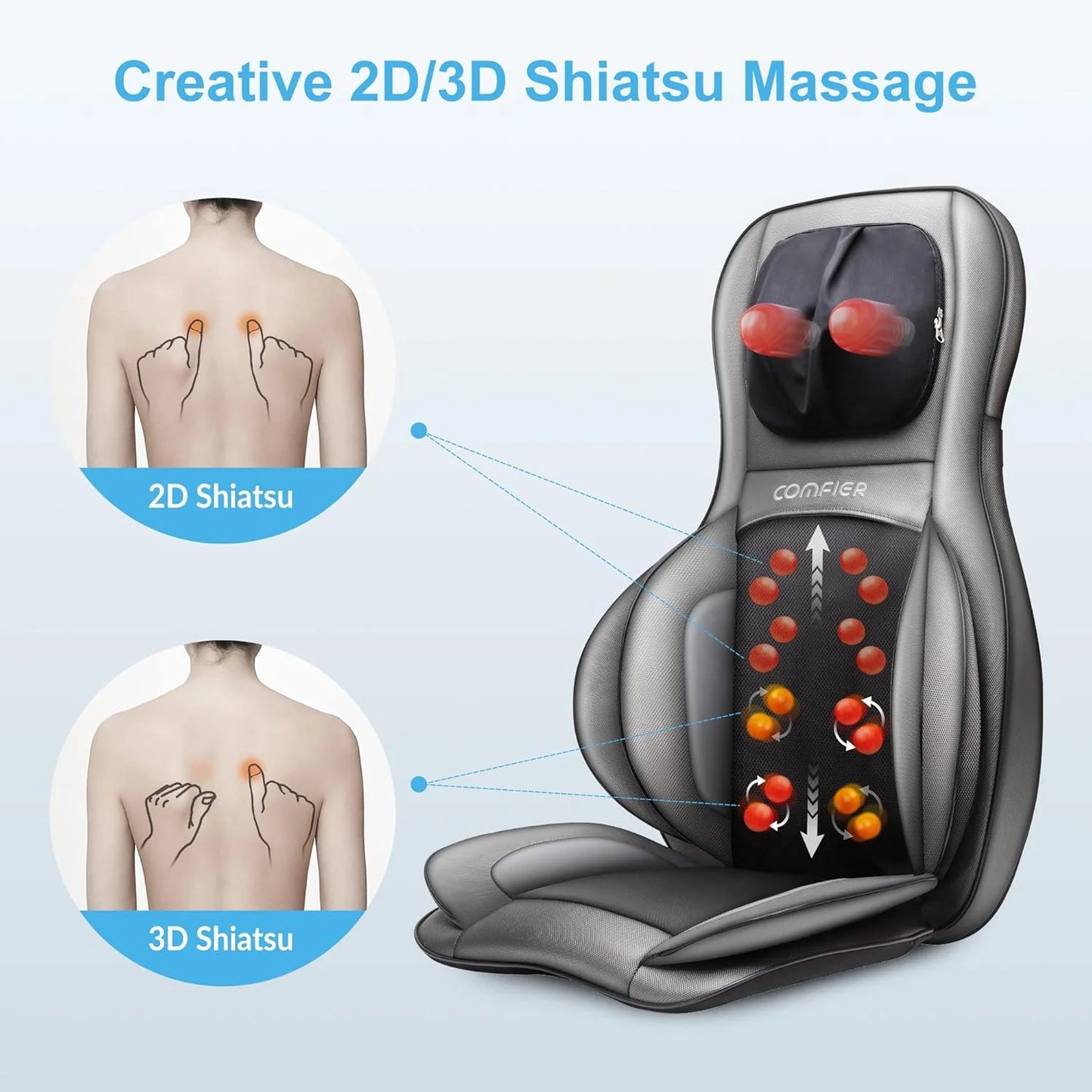 COMFIER Massager Chair with Heat Shiatsu Neck Back Massager Portable with Compress & Rolling Massage Chair Pad for Full Back Neck & Shoulders Full Body Pain