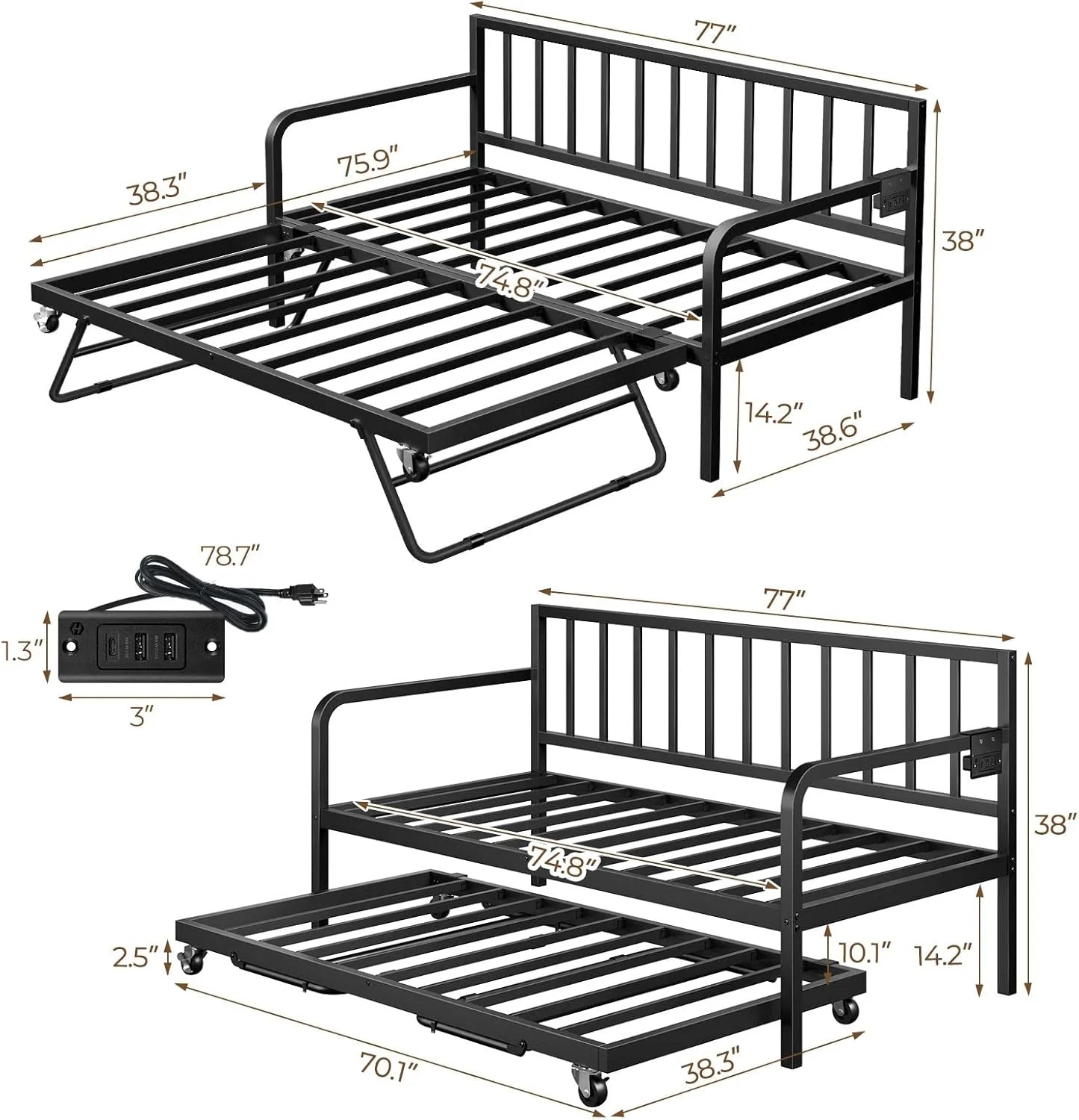Rolanstar Daybed with Charging Station and LED Lights, Height Adjustable Twin Daybed with Trundle, Metal Sofa Bed Frame with Steel Slat Support