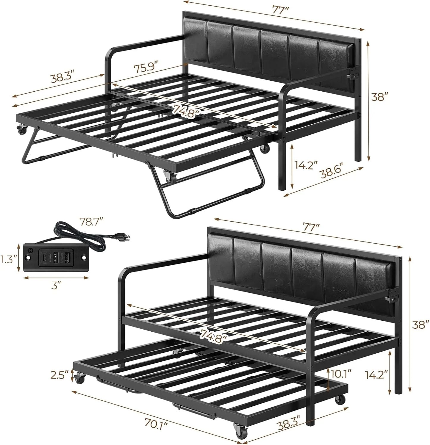 Rolanstar Daybed with Charging Station and LED Lights, Height Adjustable Twin Daybed with Trundle, Metal Sofa Bed Frame with Steel Slat Support