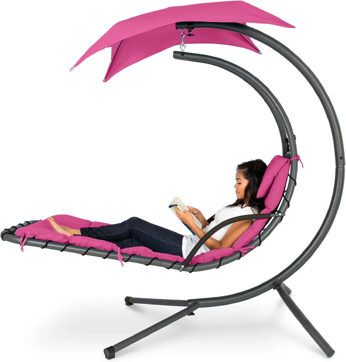 Best Choice Products Outdoor Hanging Curved Steel Chaise Lounge Chair Swing w/Built-in Pillow and Removable Canopy - Teal