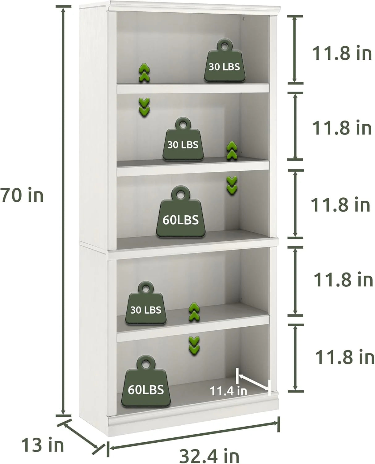 70-Inch Tall White Bookcase 5 Tiers Shelves Open Storage Bookshelf