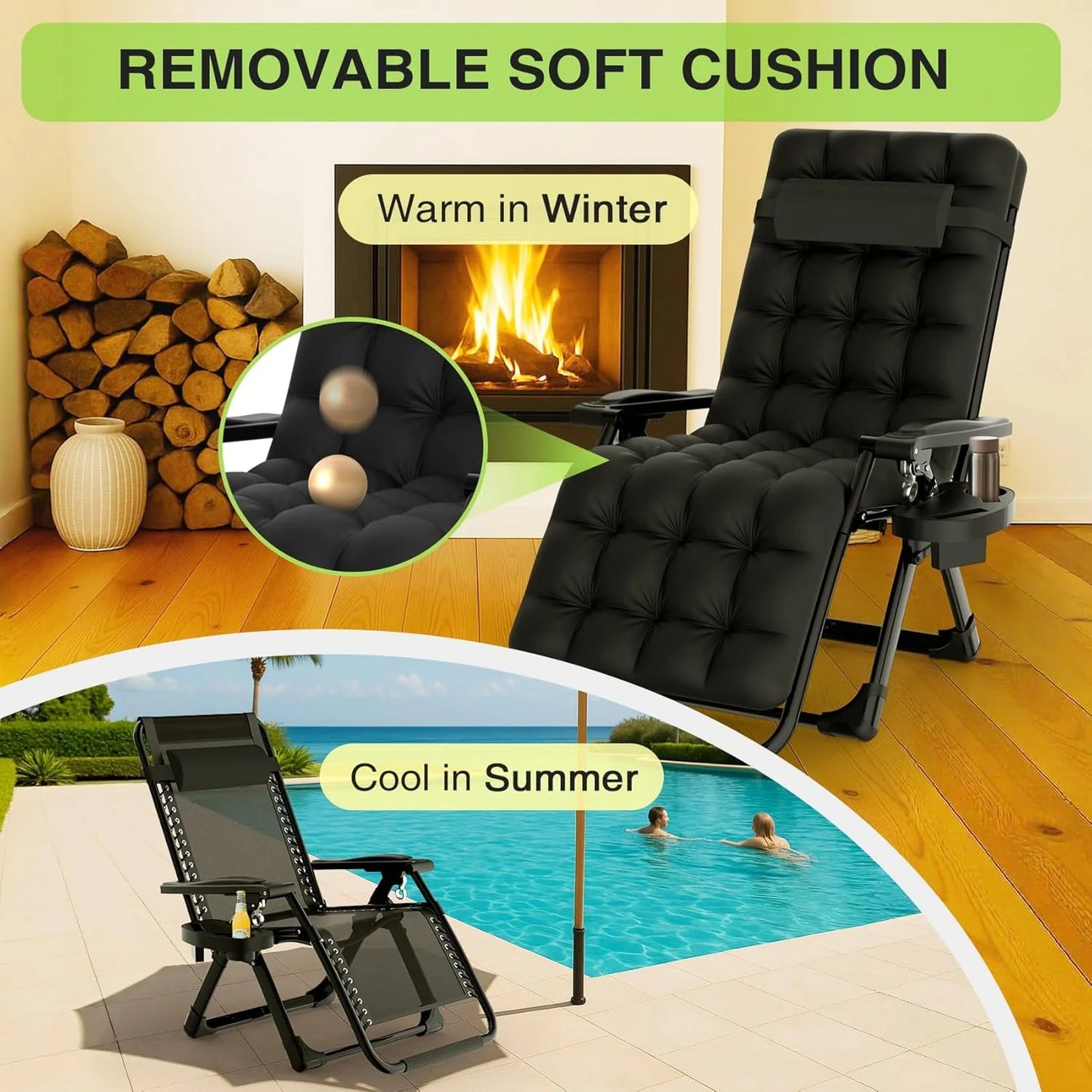 Indoor and outdoor patio chair folding lounge chair zero gravity chair with removable cushion camping lounge chair