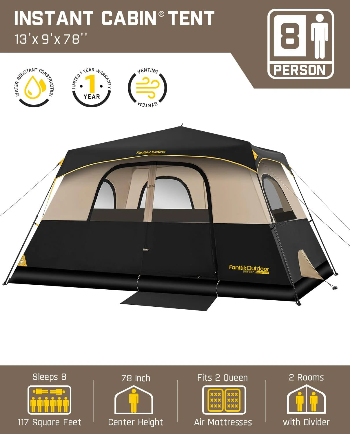 Portable camping tent for 4/6/8/10 people with instant cabin and rainproof and windproof