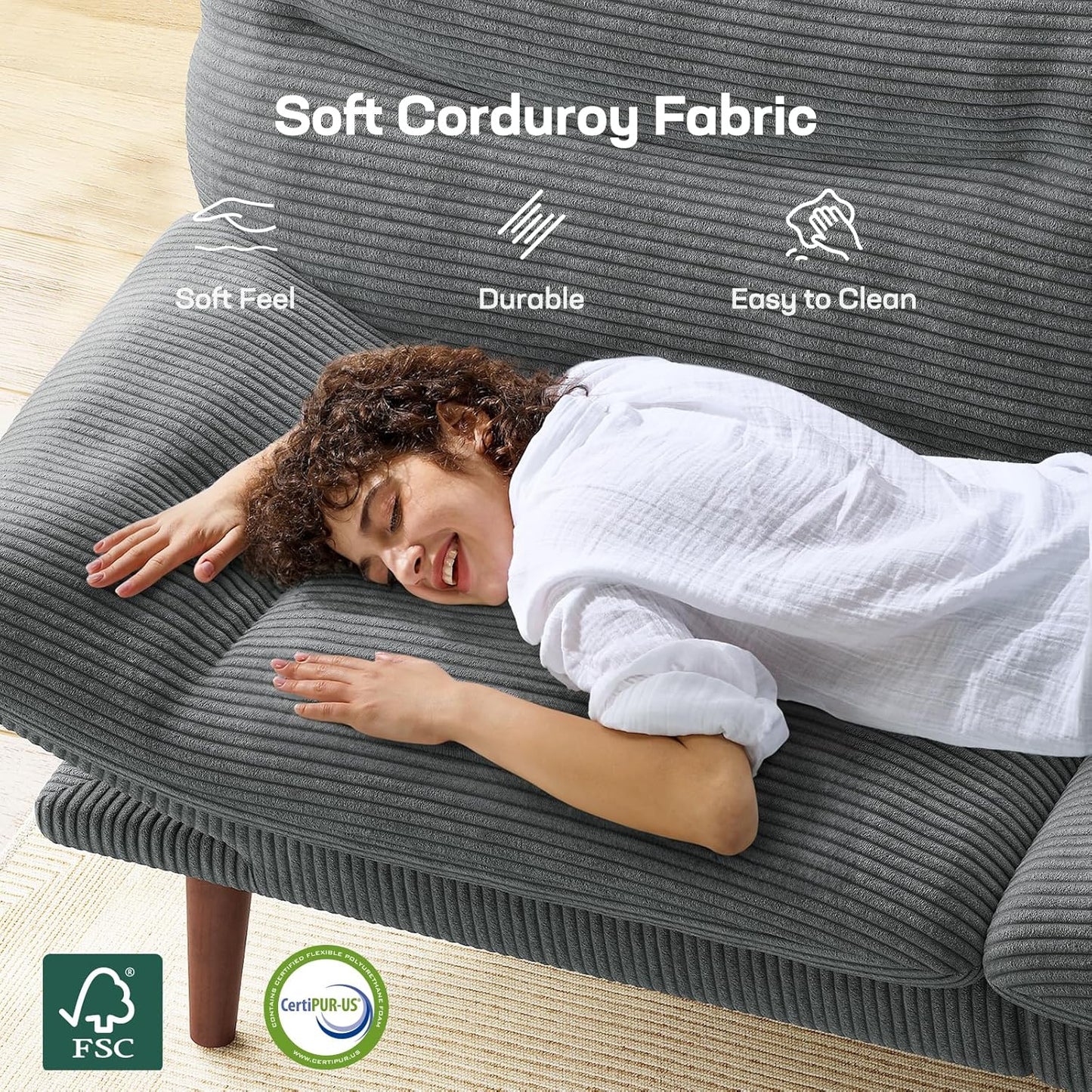 Futon Sofa Bed, Futon Sofa with Adjustable Back and Armrests, Converts to Small Sleeper Sofa Bed Corduroy Loveseat Green