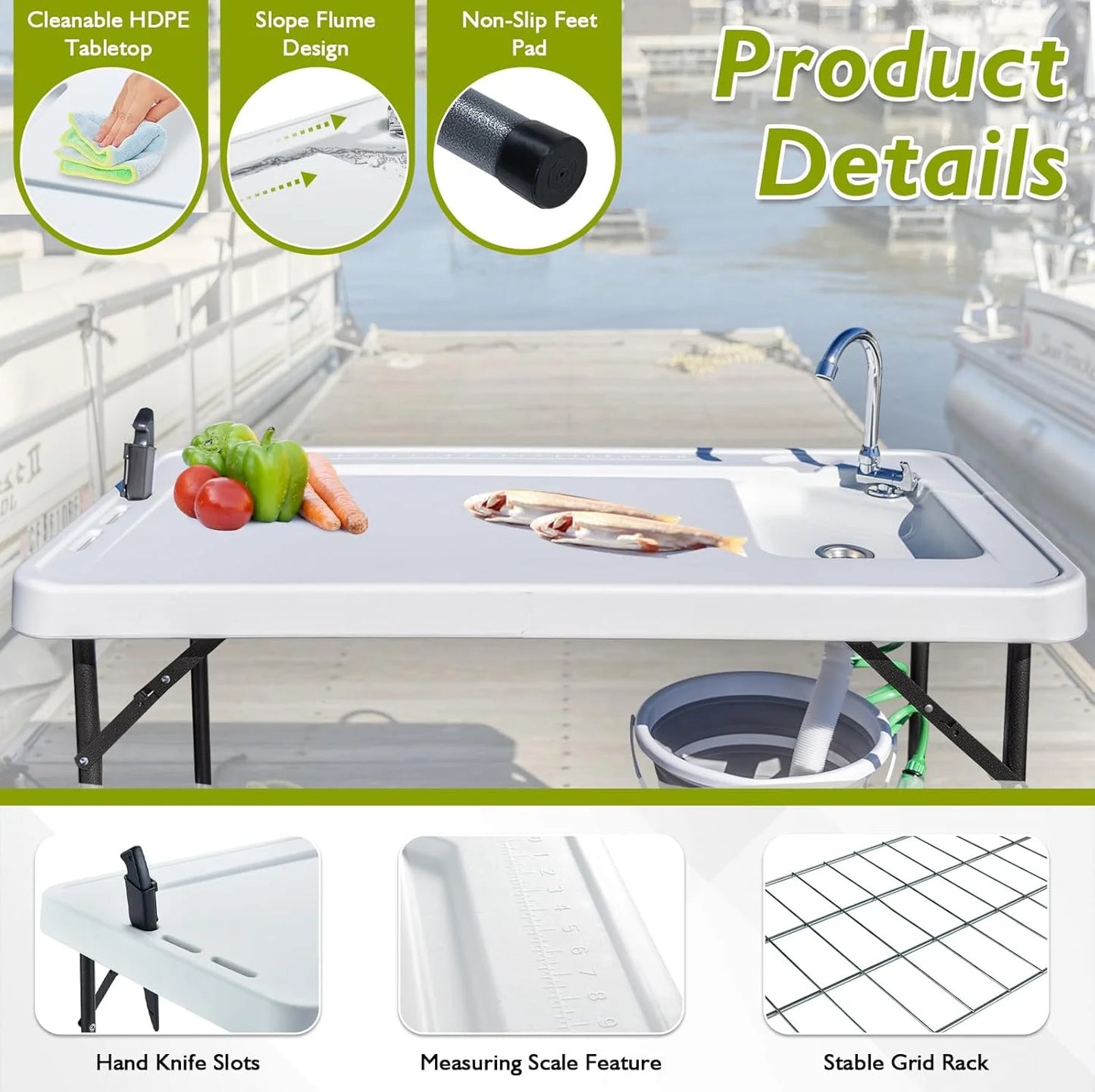 Folding Fish Cleaning Table Portable Camping Sink Table with Faucet Drain Hose and Sprayer Outdoor Fish Fillet Cleaning Station