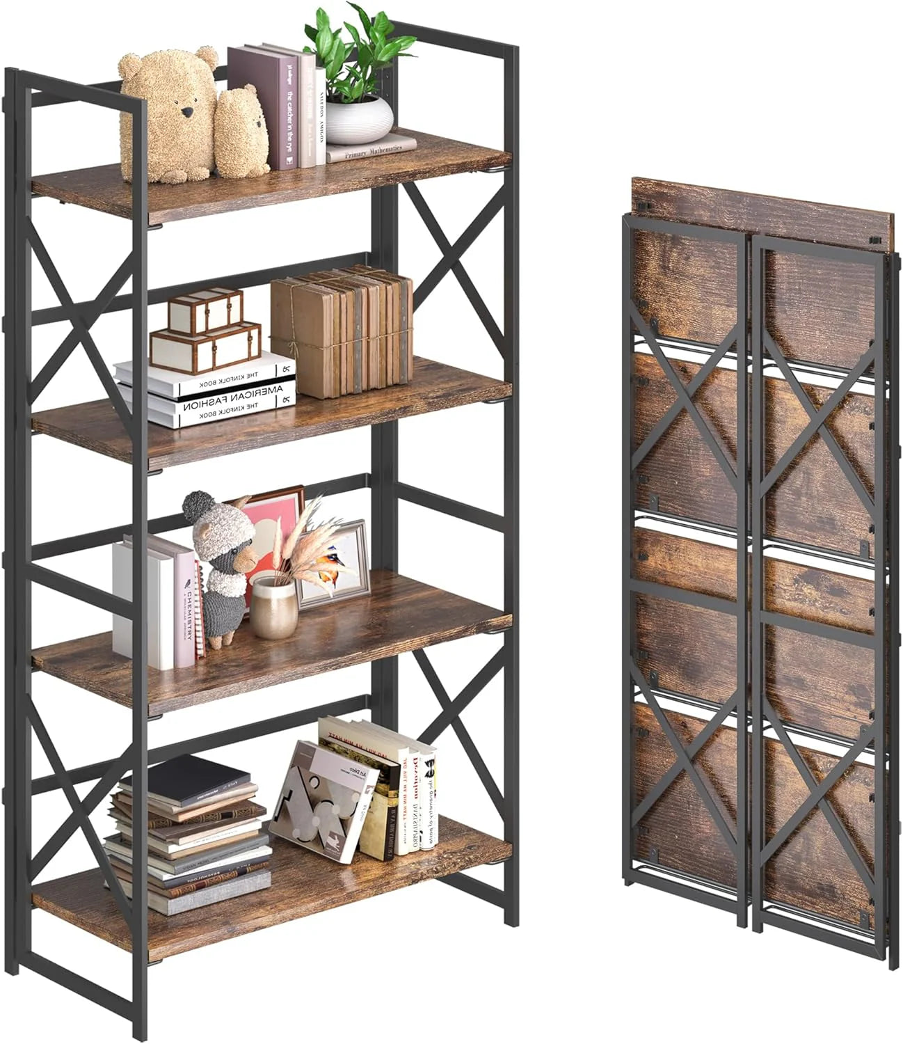 5 Tiers No Assembly Book Shelves 51.2" H Folding Bookshelf Bookcase