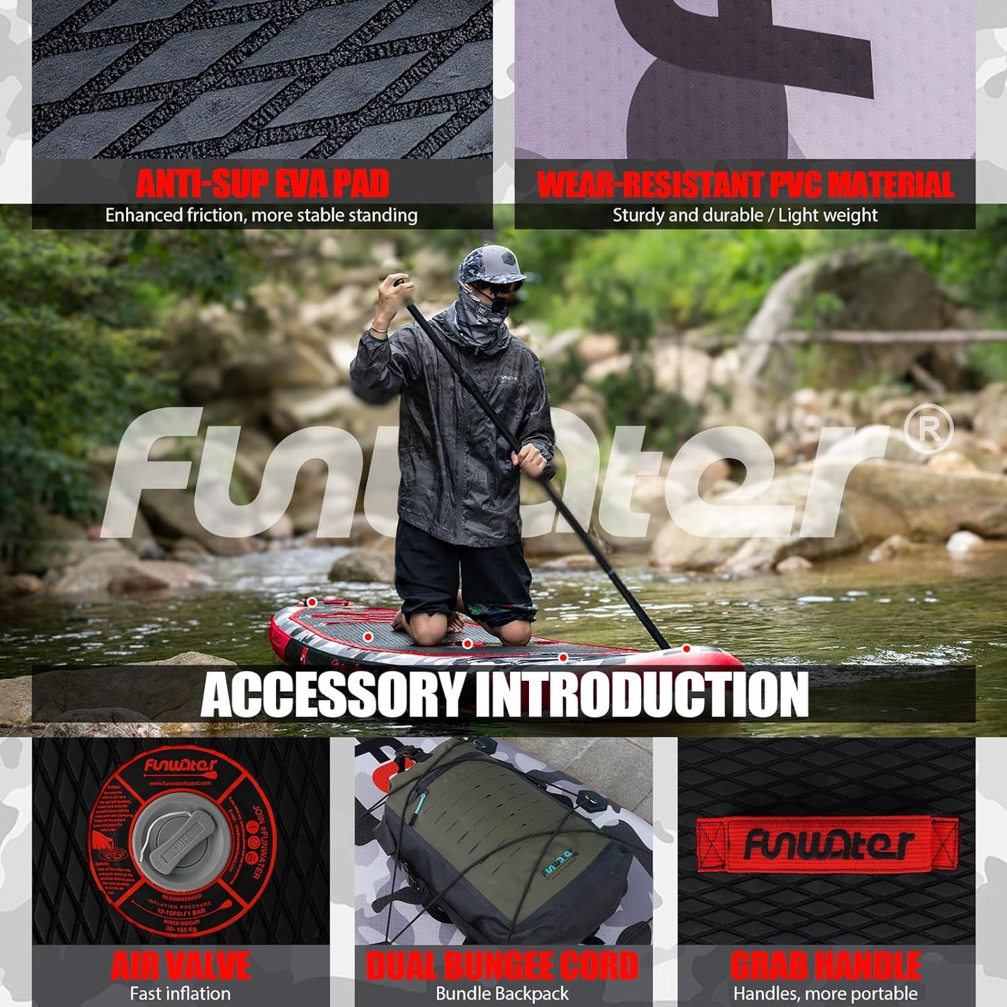 FunWater Inflatable Stand Up Paddle Board with Premium SUP Paddle Accessories, Non-Slip EVA Deck, 11'/10'6' Paddle