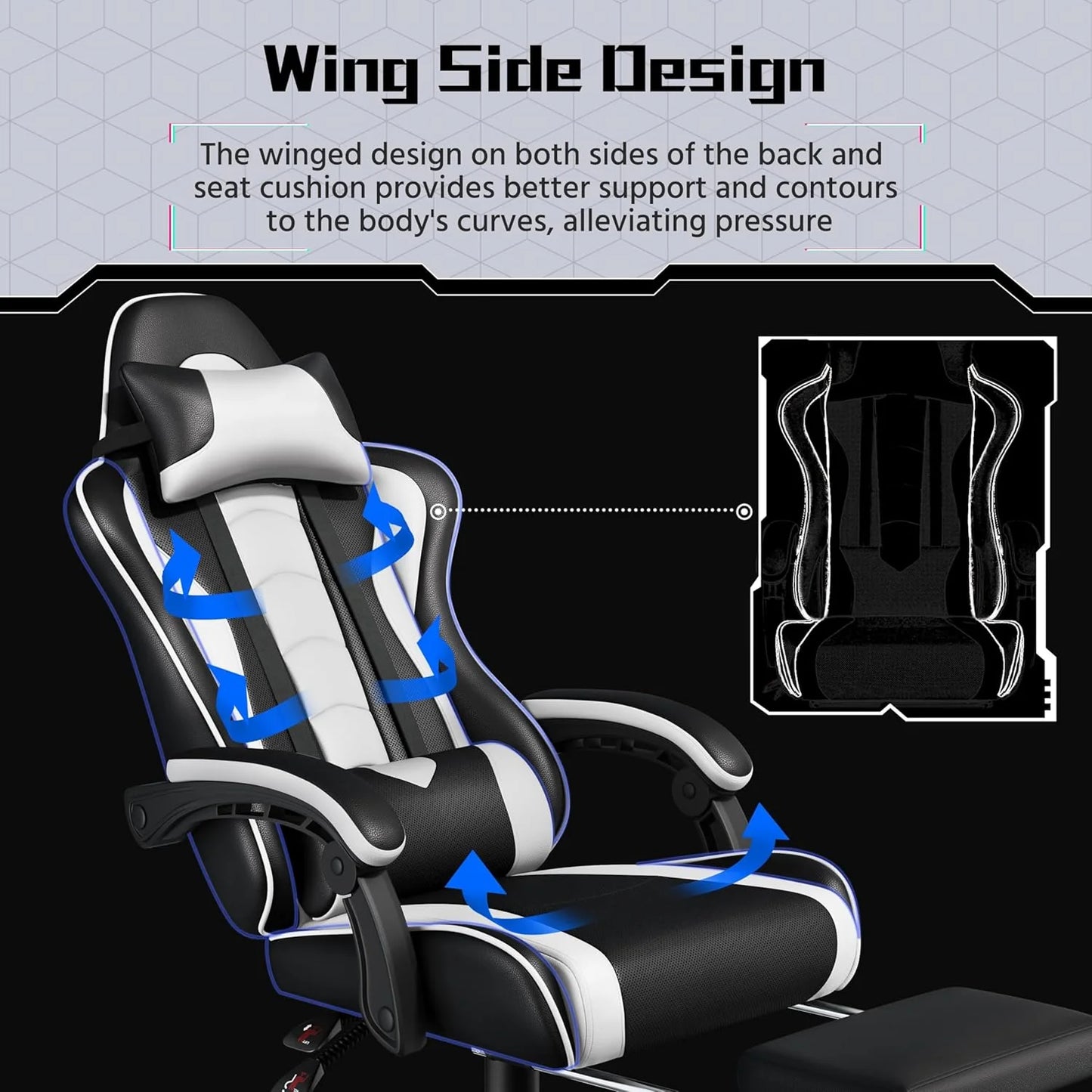 Gaming Chair with Massage Lumbar Support and Footrest Height Office Gaming Chair