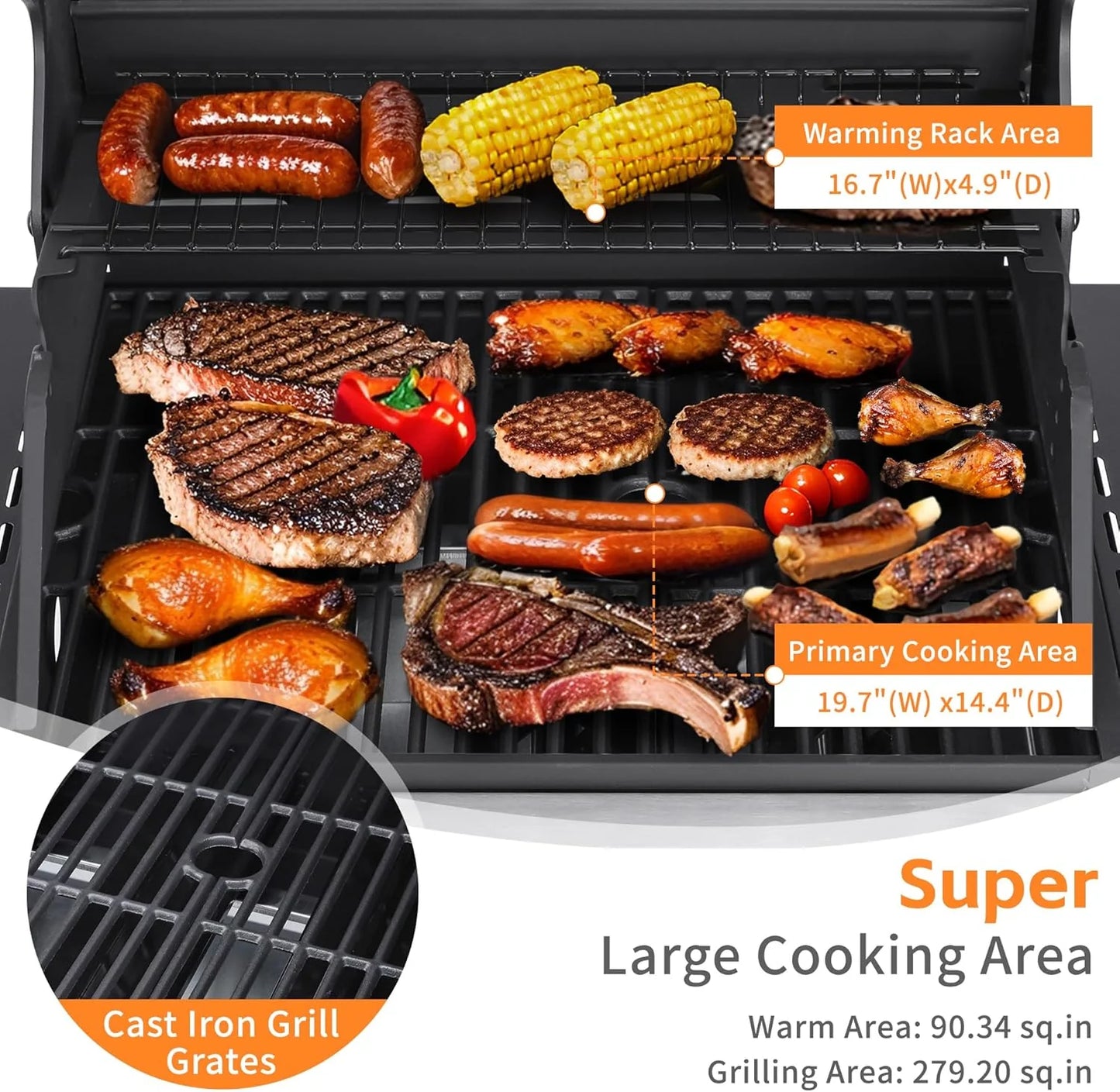 3-Burner Propane Gas Grill with 30,000 BTU Output - Double-layer Stainless Steel Grill Lid, Cast Iron Cooking Grids, Easy-Clean Grease Management & Even Heat Distribution for Perfect BBQs