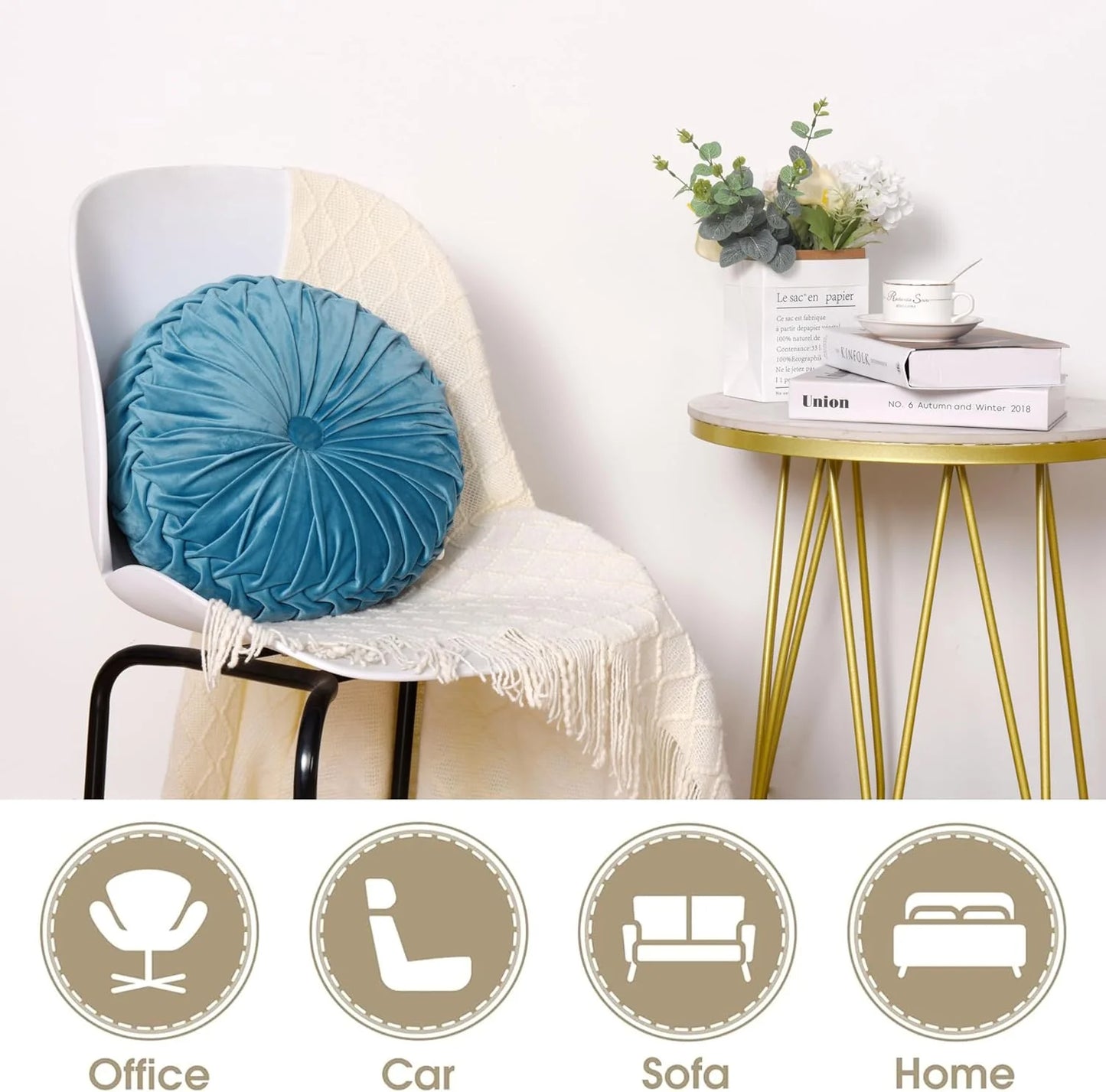 Set of 2 Decorative Round Pleated Throw Pillows