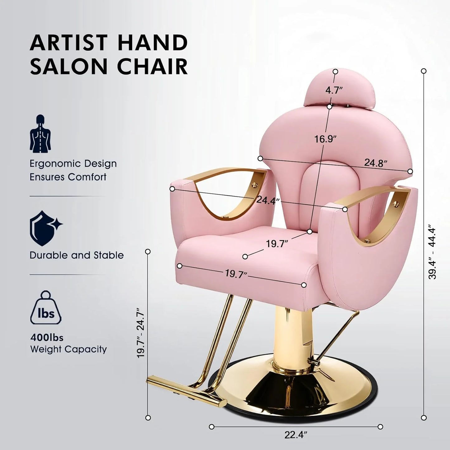 Artist Hand Salon Chair Reclining Barber Chair Oversized Hydraulic Pump Heavy Duty Hair Salon Chair 360 Degree Swivel Hair Chair for Hair Stylist, Beauty Spa Equipment Max Load 400 LBS, Black and Gold