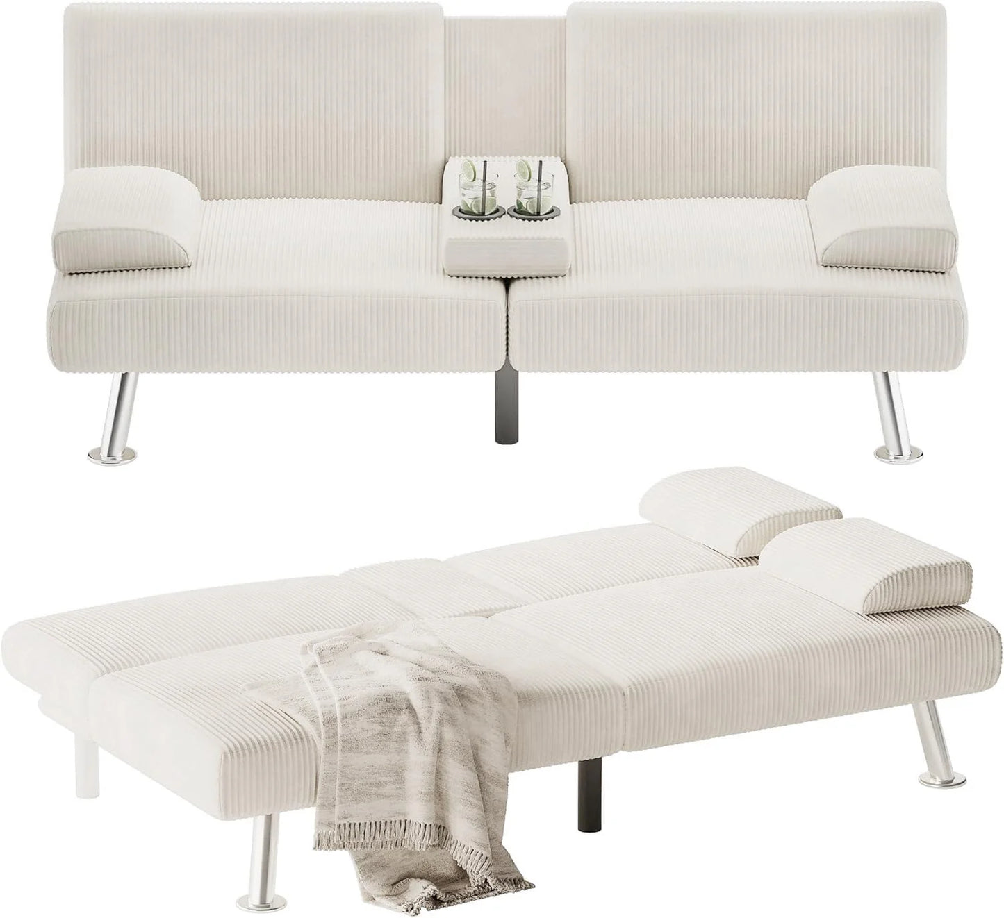 Flamaker Futon Sofa Bed Modern Folding Futon Set Convertible Recliner Lounge for Living Room with 2 Cup Holders, Removable Armrests (PU Leather, Black)