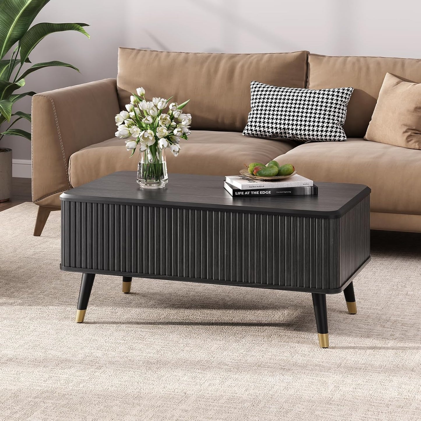 Round Coffee Table with Storage,Fluted Center Table with Sliding Cabinet Door for Living Room,Home Small Space,31.5" Small Center Table,Walnut