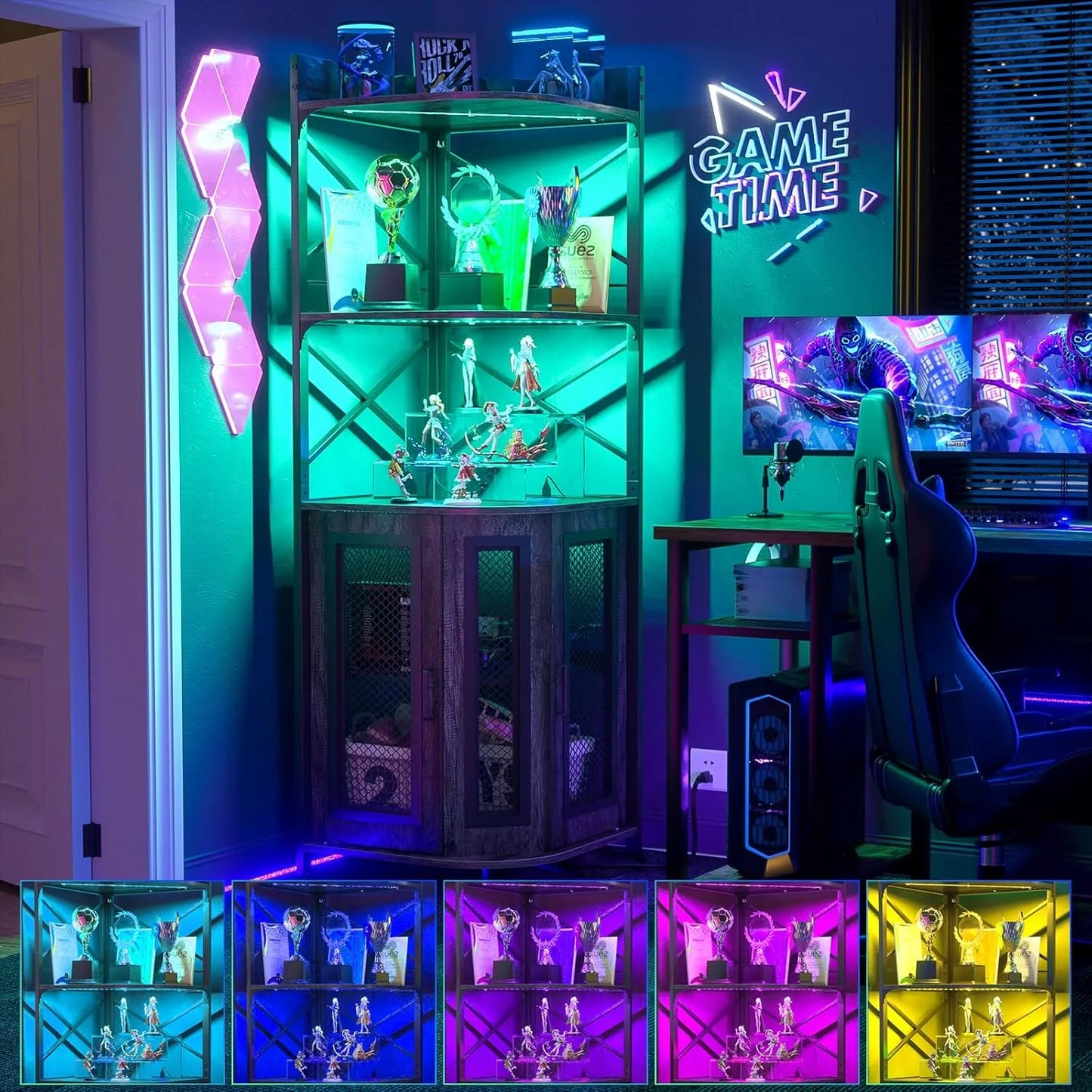 Corner bar cabinet with power socket, industrial style wine cabinet with LED light strip and glass rack, home five-layer wine cabinet bar unit, small space corner display cabinet