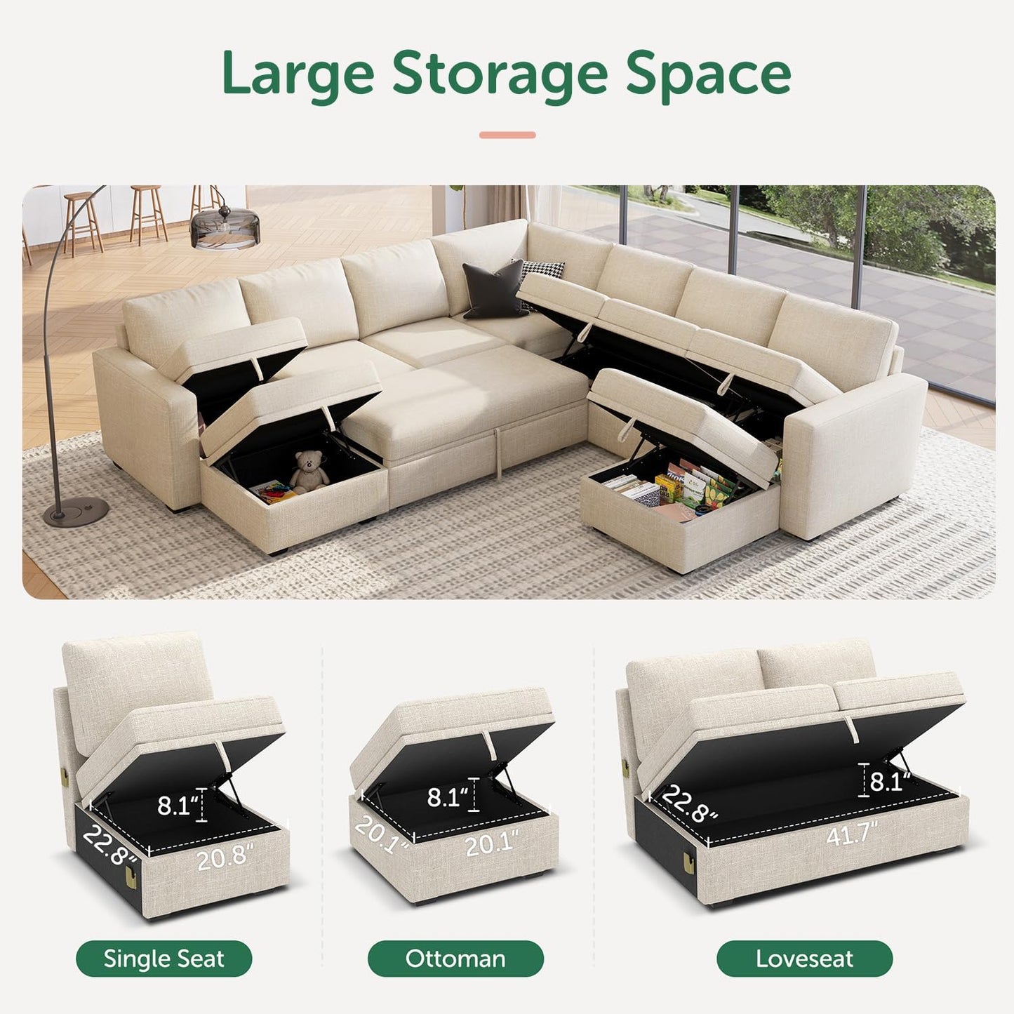 HONBAY Modular Sectional Sleeper Sofa with Pull Out Bed, L Shaped Couch with Storage Seat, Convertible Sectional Couches for Living Room