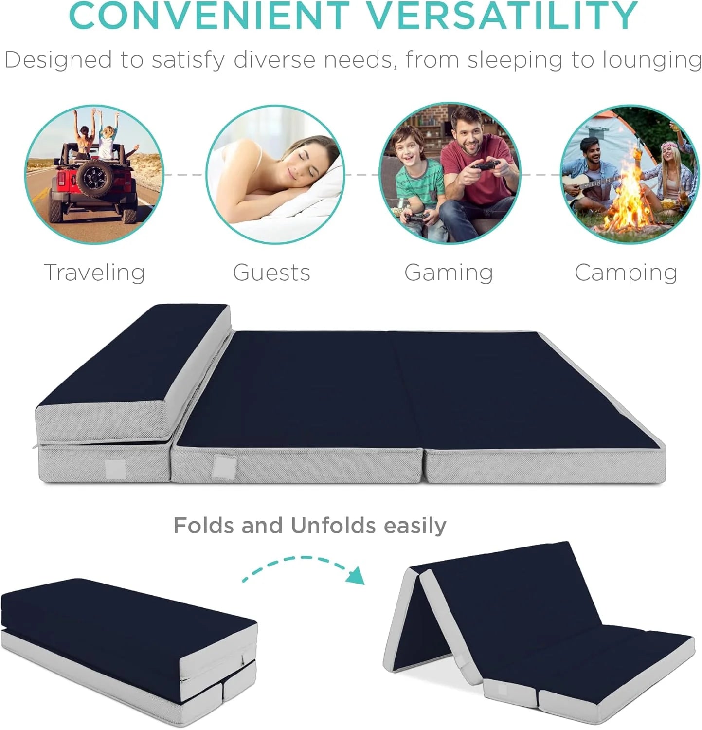4in Portable Queen-Size Mattress, Tri-Fold Mattress for Camping, Guest, Toddler