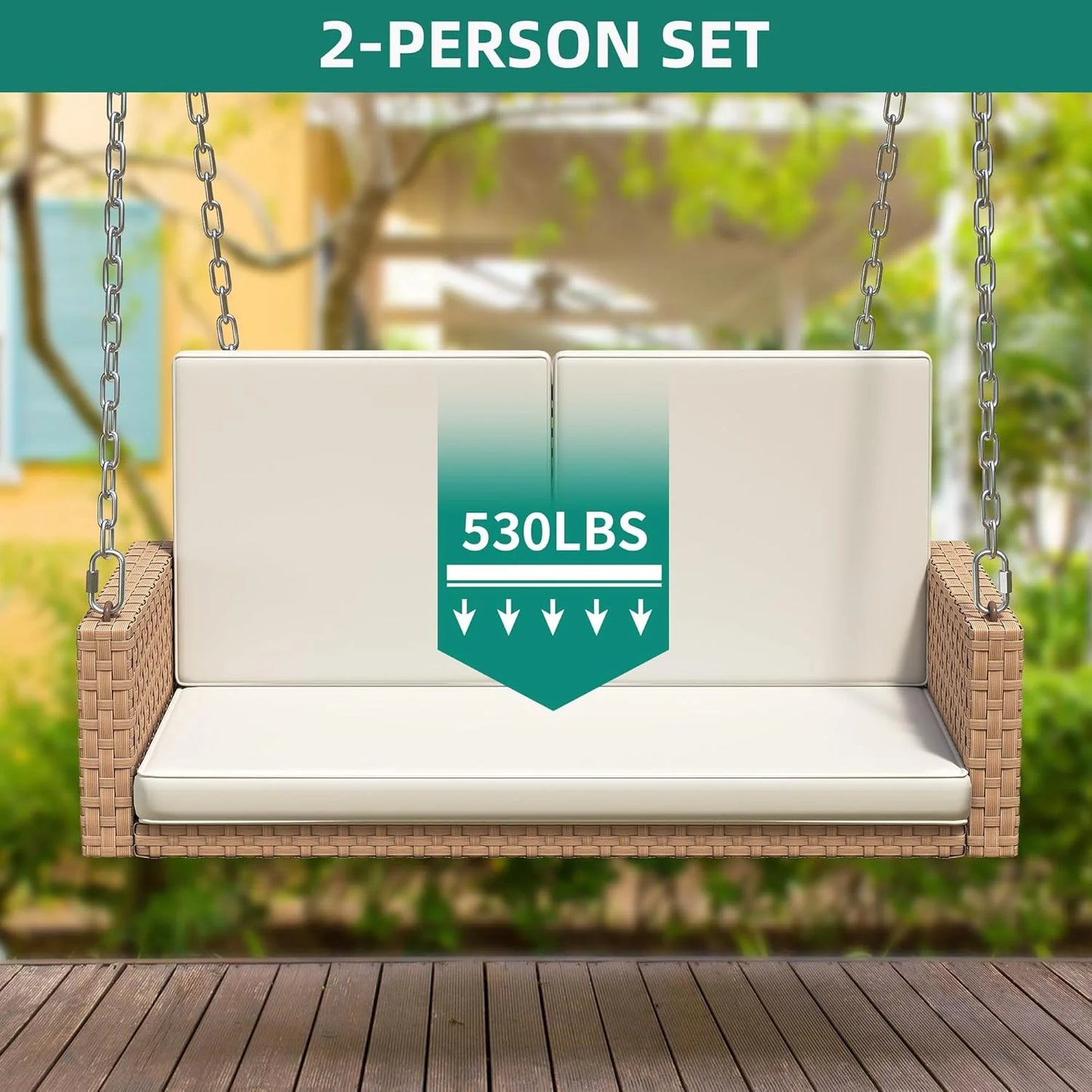 YITAHOME Hanging Porch Swing Chair Sits 3 People, Wicker Outdoor Swing Bench, Patio Lounge Chair, 1 Seating Cushion and 3 Back Cushions, w/Removable Covers, for Garden, Balcony, Backyard, Brown