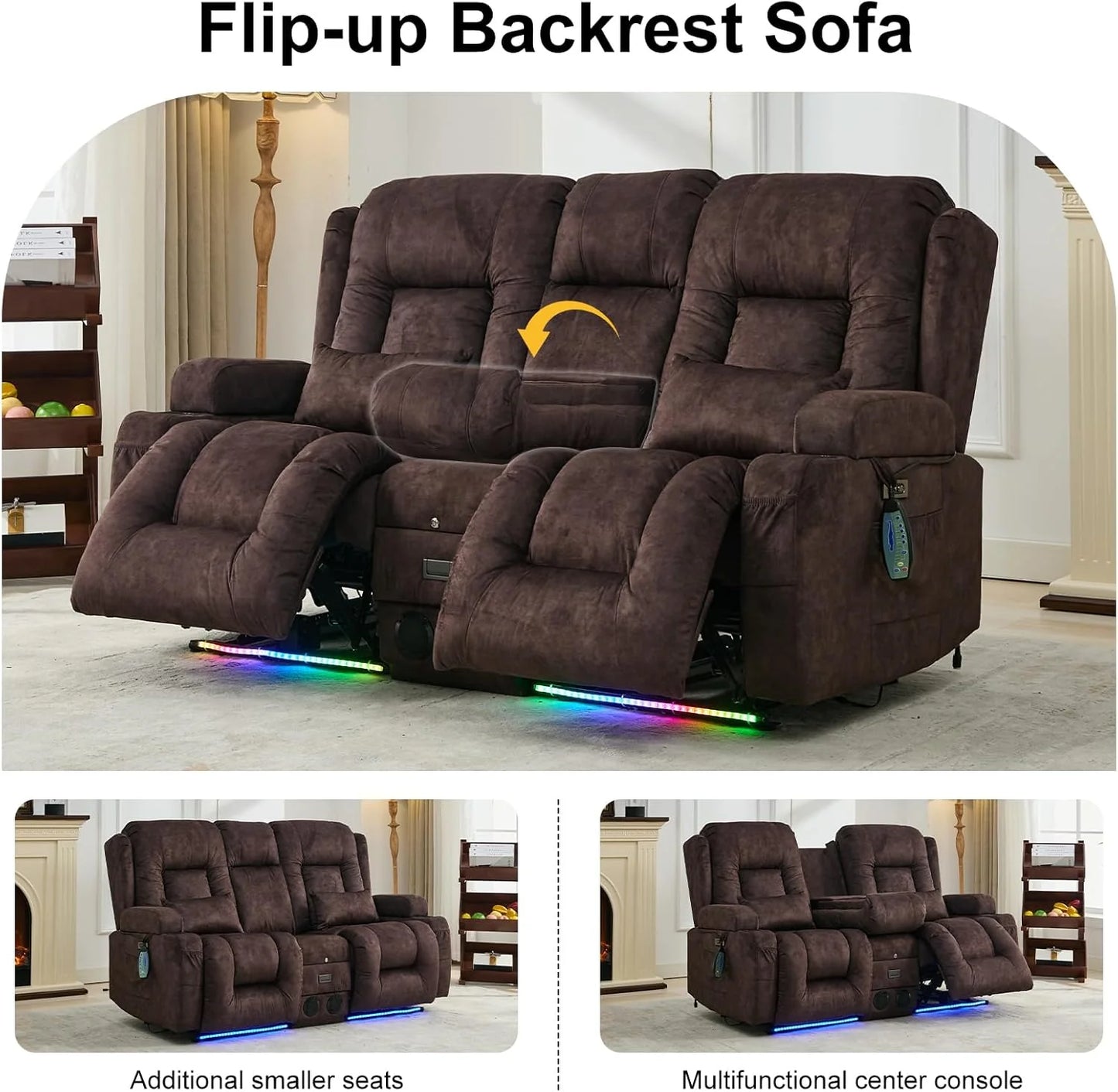 TUNYI Power Loveseat Recliner Sofa with Massage & Heat Home Theater Seating with Console Electric Recliner RV Sofa with USB/Outlet/Storage/Side Pocket/LED Light/Speaker (Brown, Loveseat)