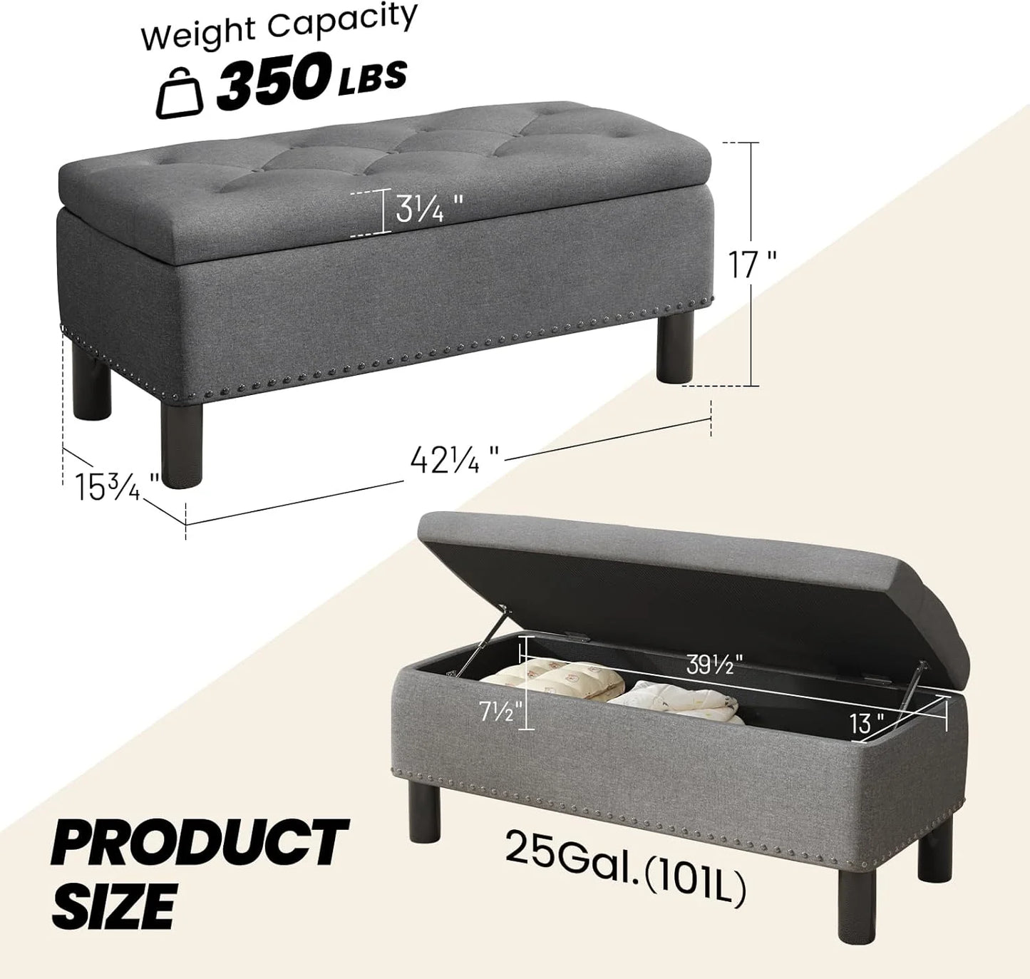 Furniliving Modern Storage Ottoman Bench, Sherpa Ottoman End of Bed Bench with Solid Wood Legs Upholstered Ottoman Benches with Storage Indoor Bench