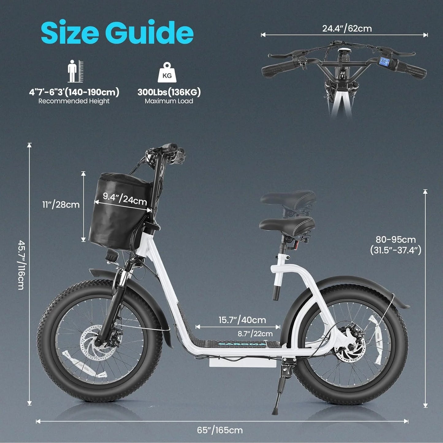 Caroma Peak 800W Foldable Adult Electric Scooter with 20-inch Wide Tires, 48V Battery, Basket, and Adjustable Seat