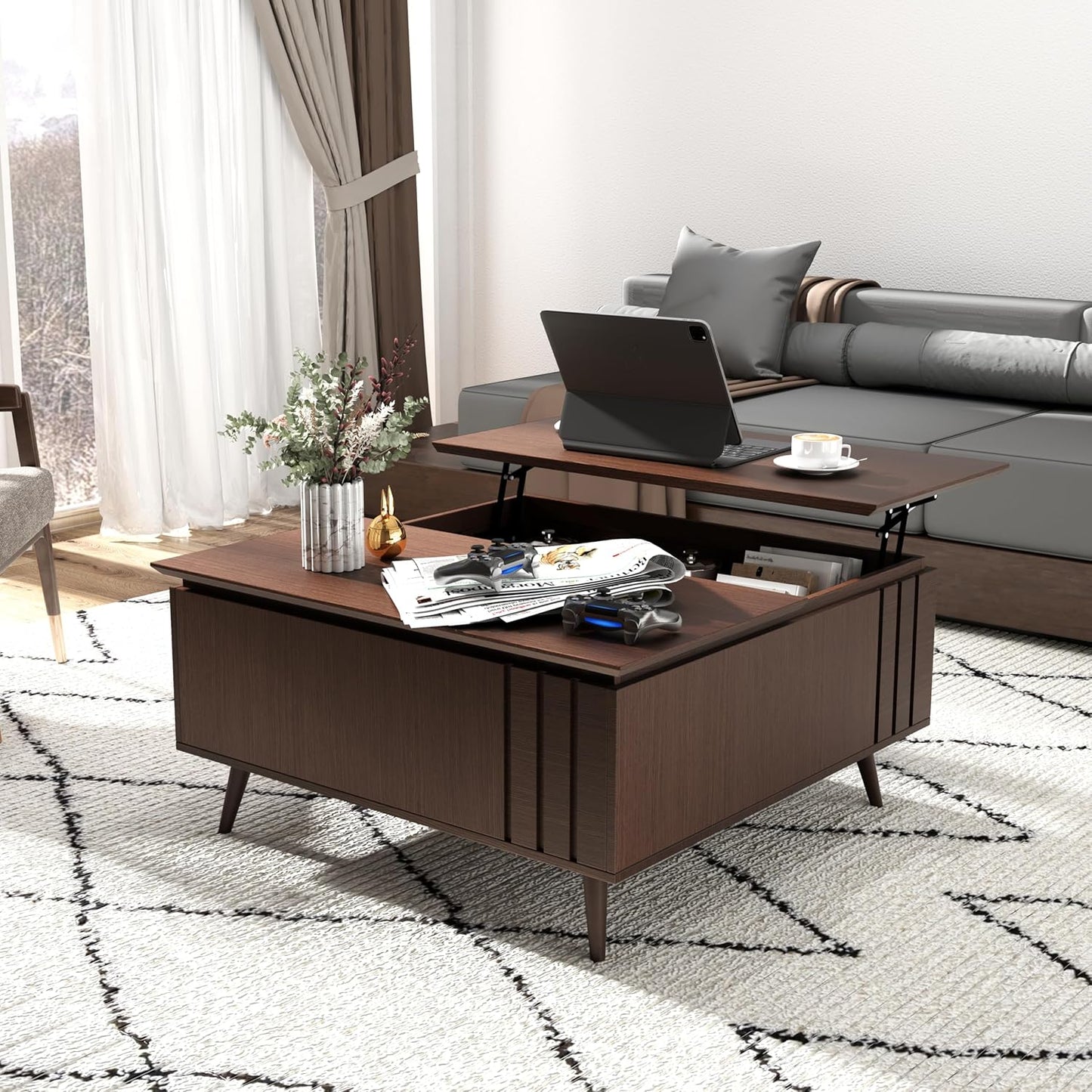 Round Coffee Table with Storage,Fluted Center Table with Sliding Cabinet Door for Living Room,Home Small Space,31.5" Small Center Table,Walnut