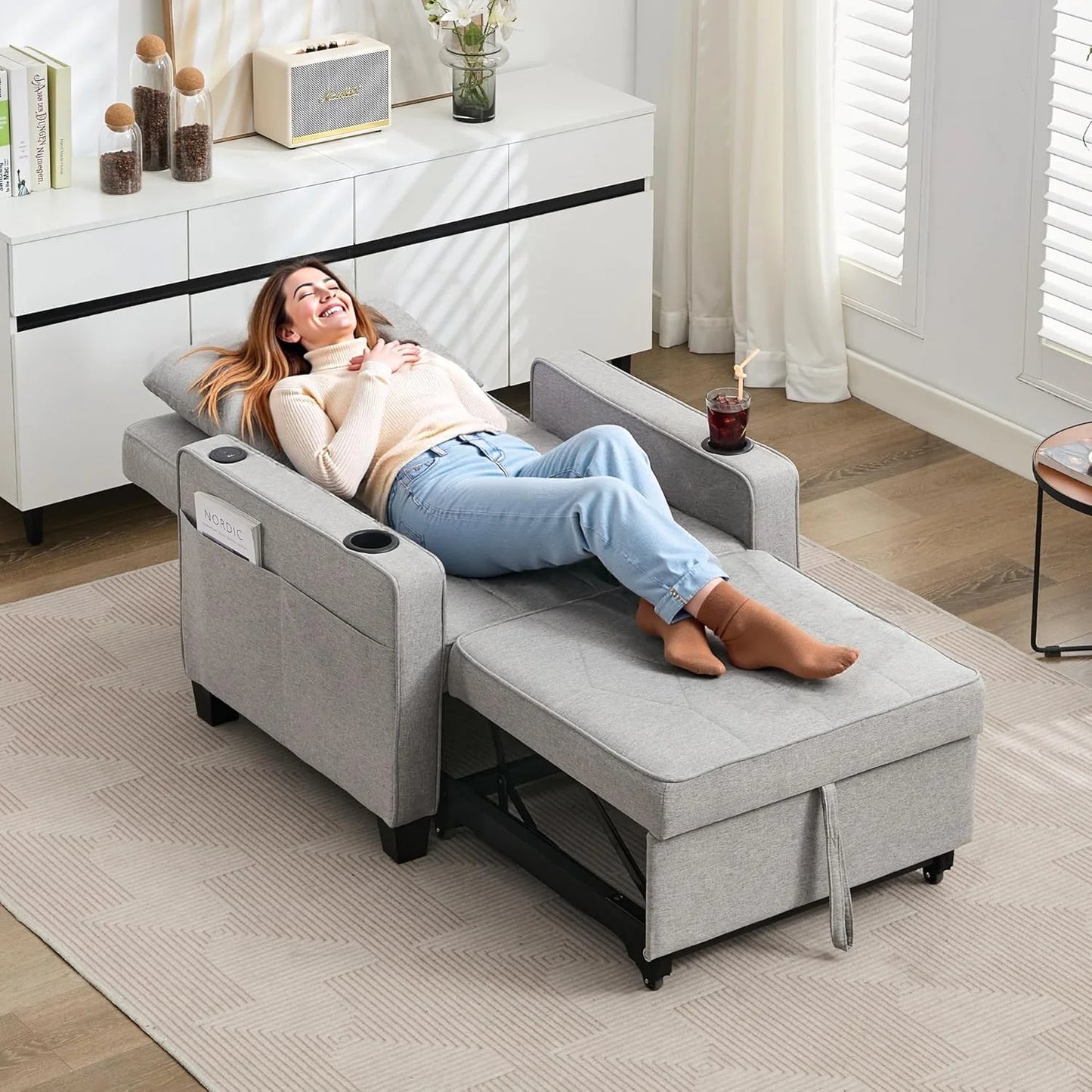 Adult Convertible Sleeper Chair Bed, 3-in-1 Pull-Out Sofa Bed with USB/Type-C Ports, Cup Holders, Side Pockets, Single Sofa