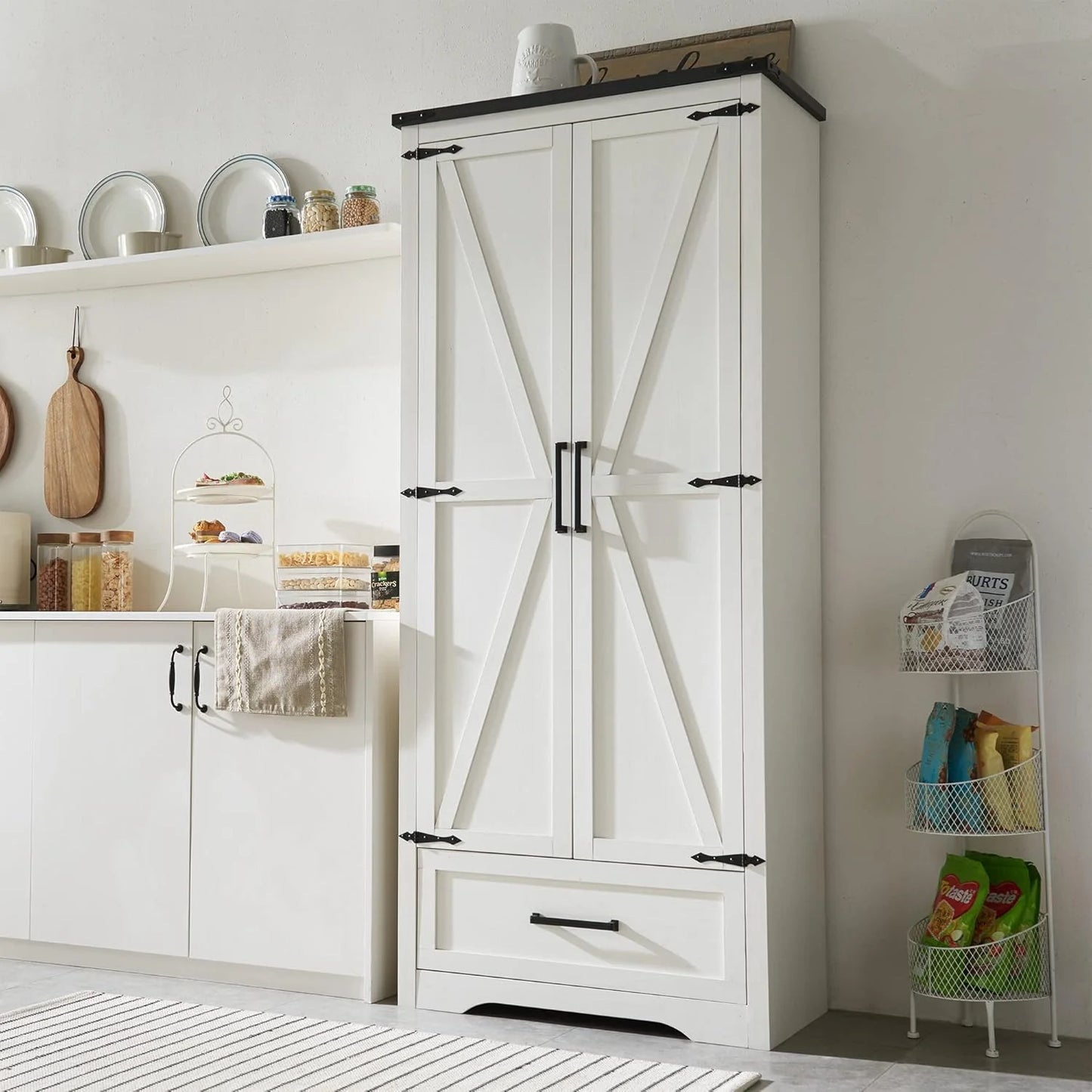 JXQTLINGMU Farmhouse Kitchen Pantry - 72" Tall Wood Kitchen Storage Cabinet with Adjustable Shelves and 2 Barn-Style Doors and Drawers