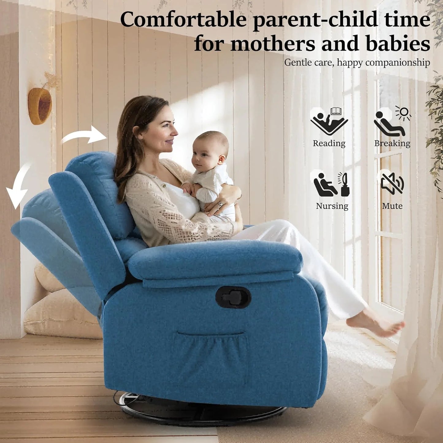 Reclining rocking chair 360 degree rotating fabric sliding reclining chair