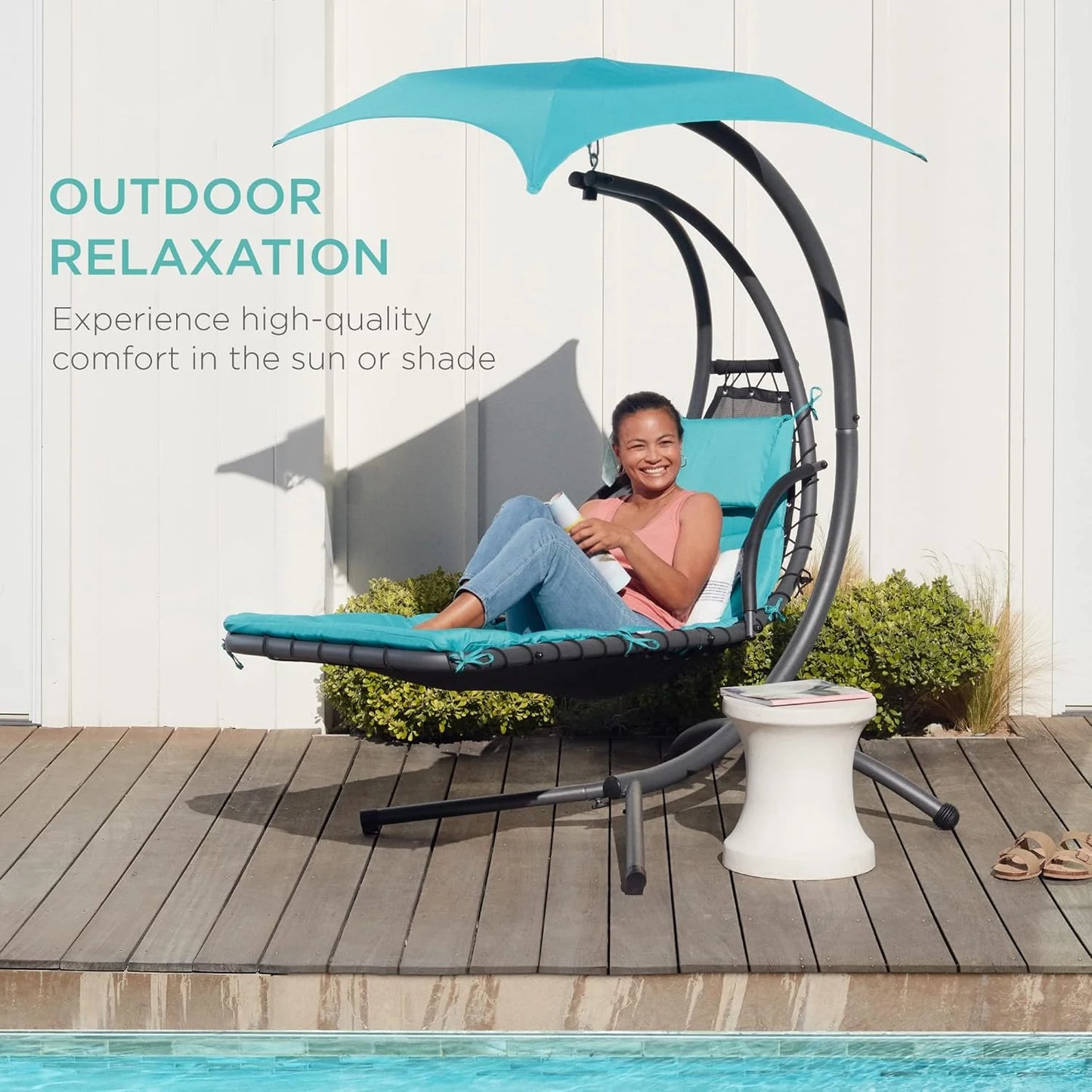 Best Choice Products Outdoor Hanging Curved Steel Chaise Lounge Chair Swing w/Built-in Pillow and Removable Canopy - Teal
