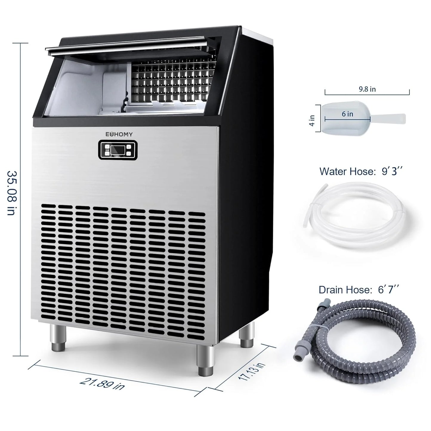 EUHOMY Commercial Ice Maker Machine, 100lbs/24H Stainless Steel Under Counter ice Machine with 33lbs Ice Storage Capacity, Freestanding Ice Maker.