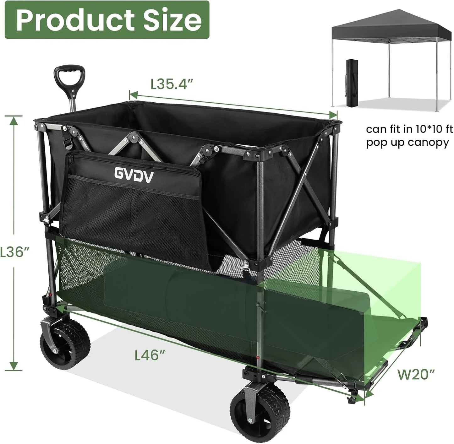 Double-decker cart, 500 lb capacity, 400 liter foldable cart, all-terrain wheels, 46" extra-long extension cart, foldable cart