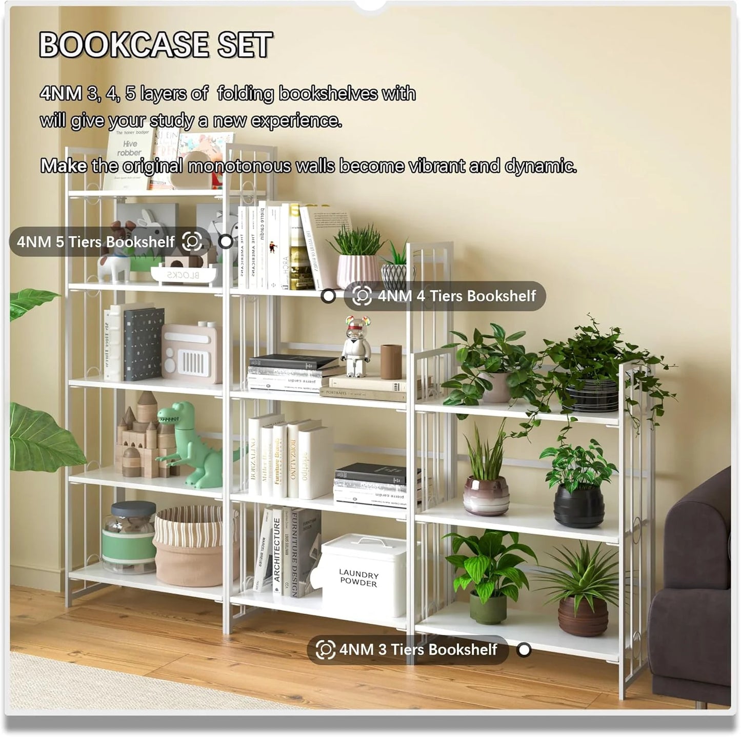 5 Tiers No Assembly Book Shelves 51.2" H Folding Bookshelf Bookcase