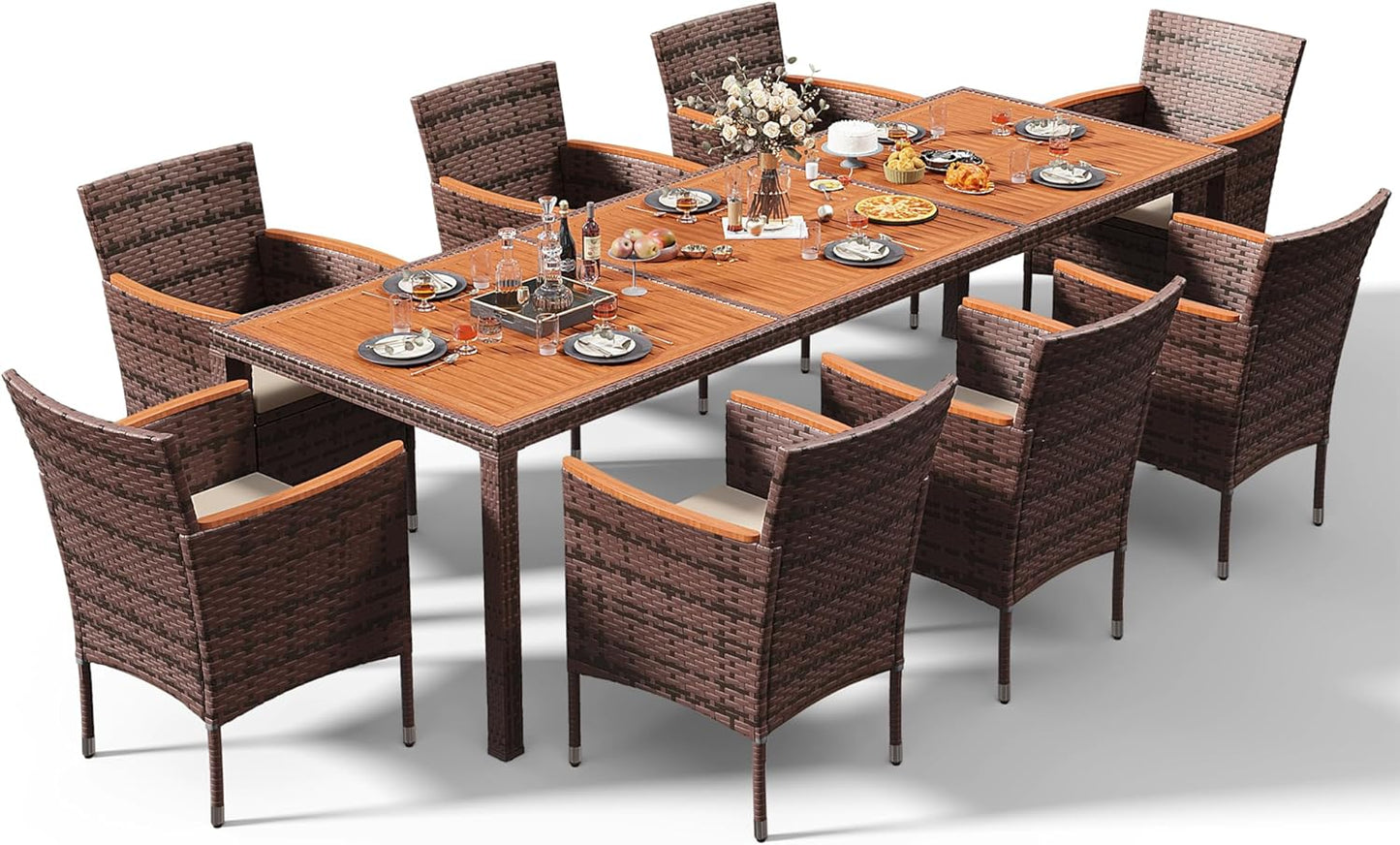 Devoko Dining 7 PCS Furniture, Patio Conversation Set with Acacia Wood Table Top, Rattan Outdoor, Black