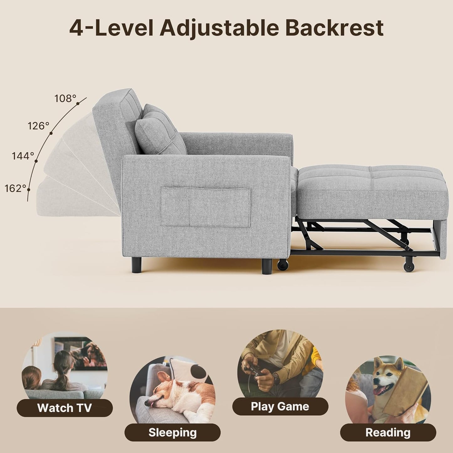 Sofa Bed Chair 3 in 1 Convertible, Pullout Single Sleeper Chair Bed with Adjustable Backrest, Spacious Multifunctional Sofa Couches