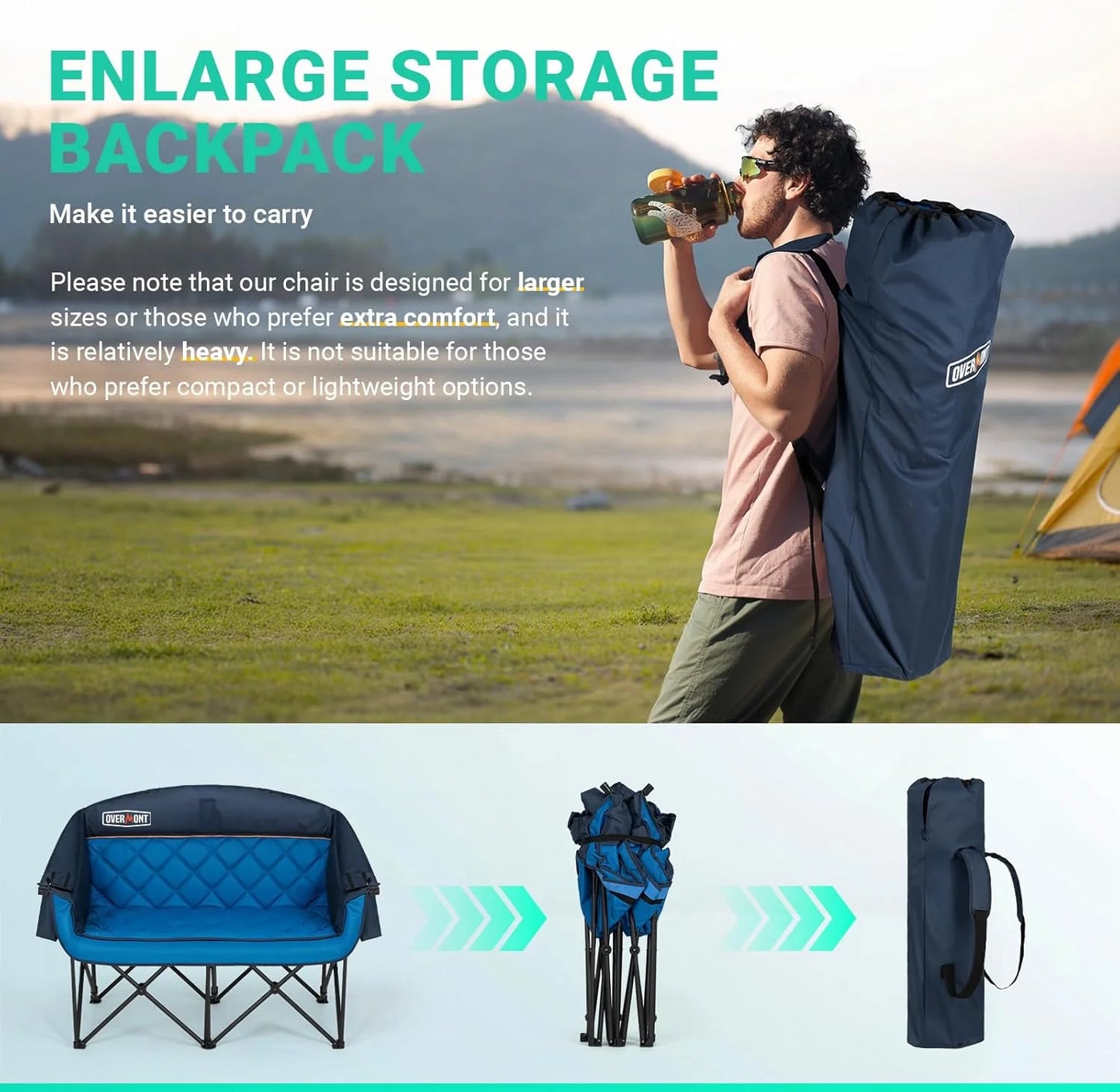 Extra Large Double Camping Chair - 2 Person Comfortable Sofa Chair Adult Loveseat - Heavy Duty Lawn Chair