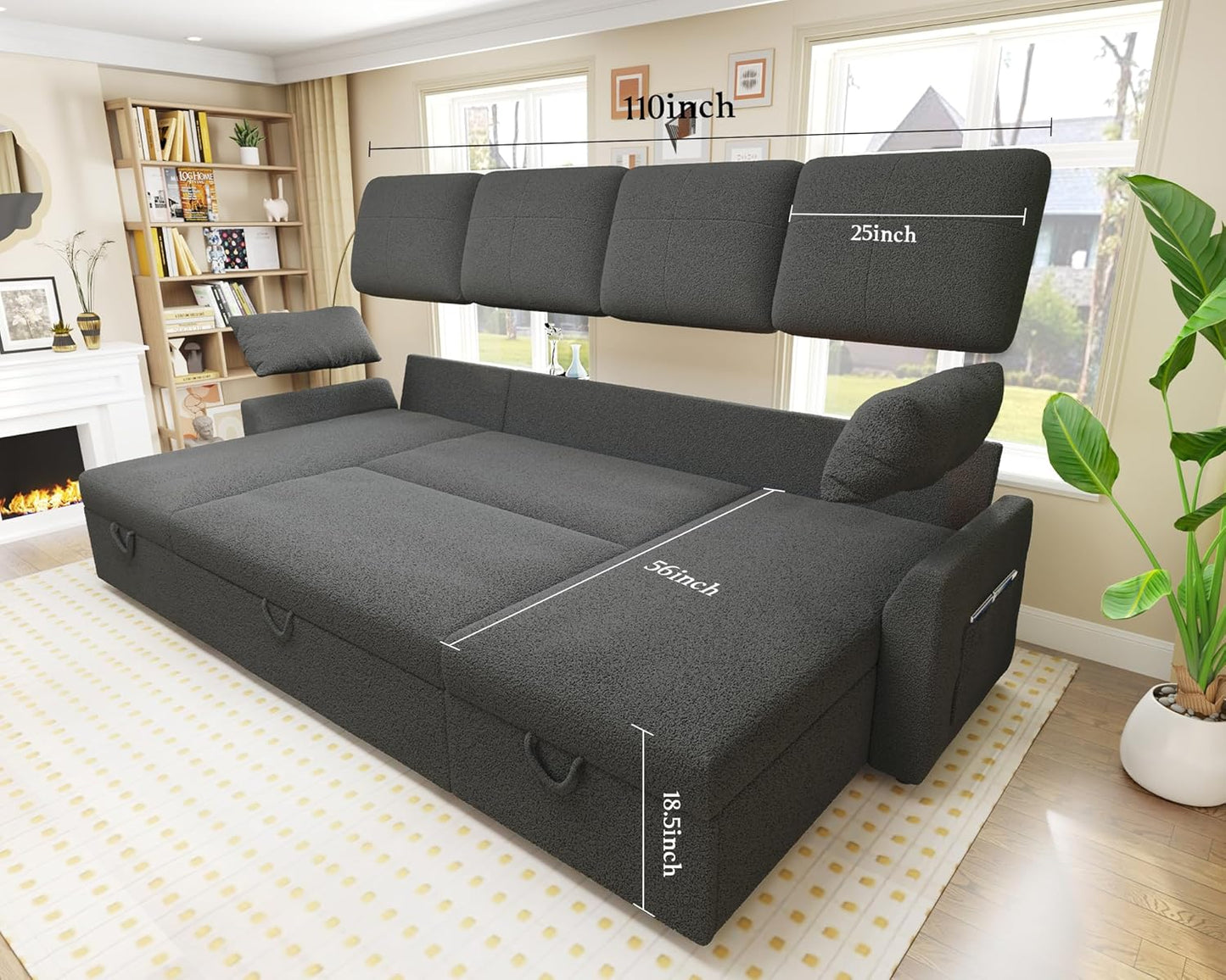 VanAcc Sofa Bed, Sleeper Sofa with Storage Chaise- 2 in 1 Pull Out Couch Living Room, Comfy Sleeper Couch