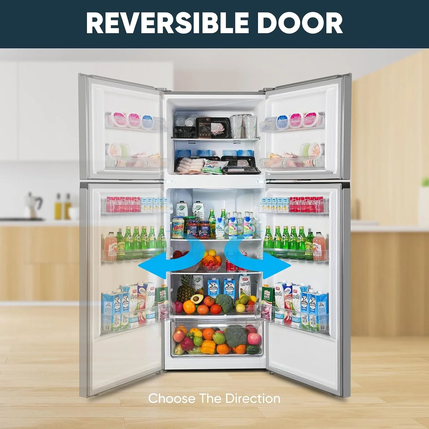 Upstreman 7.7 Cu.Ft. Refrigerator with Freezer, Double Door, Adjustable Thermostat, Large Capacity, Reversible Door Swing, Refrigerator for Apartment, Office, Dorm, Stainless (BD75)