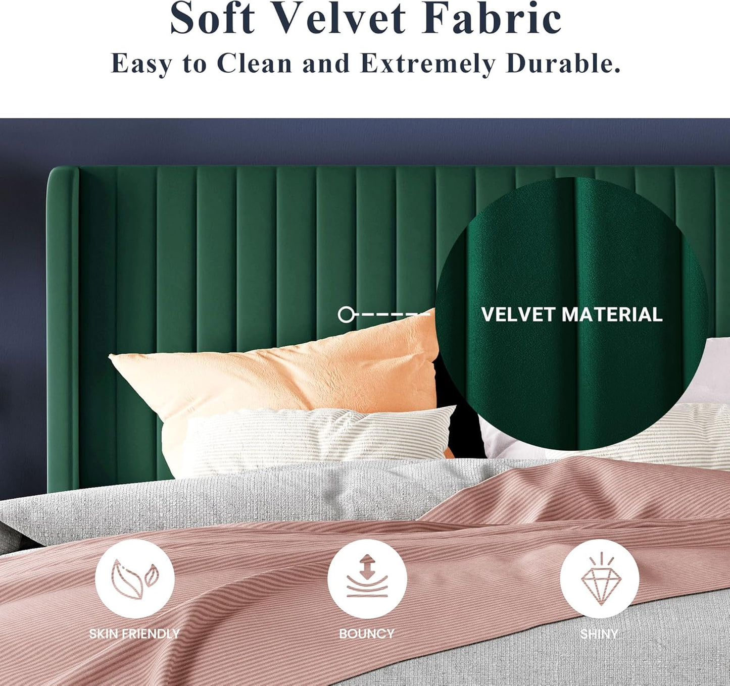 Allewie Full Size Velvet Bed Frame/Vertical Channel Tufted Wingback Headboard/Upholstered Platform Bed/Strong Wooden Slats/No Box Spring Needed/Easy Assembly/White