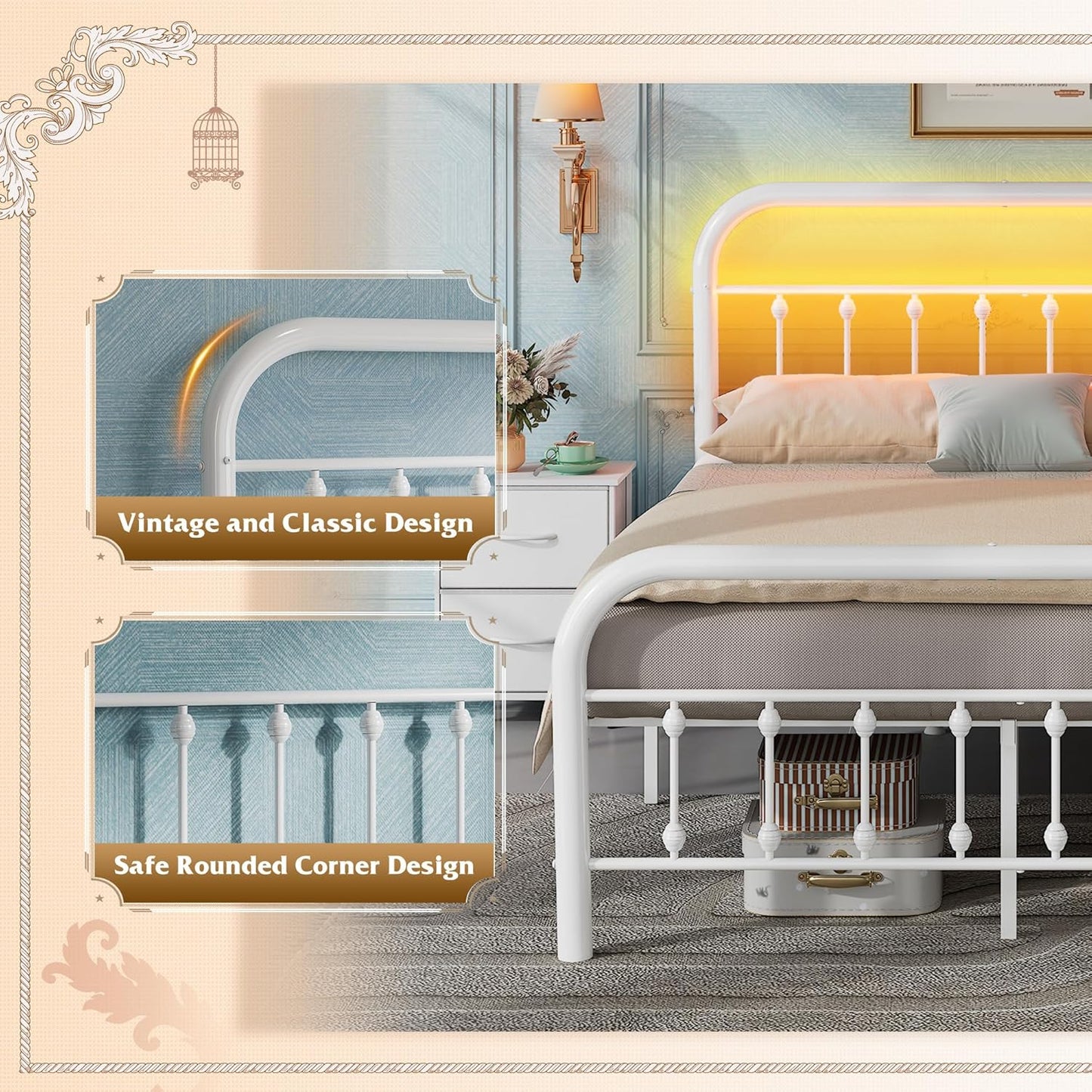 Full Size Bed Frame Full Bed Frame with LED Lights and Charging Station
