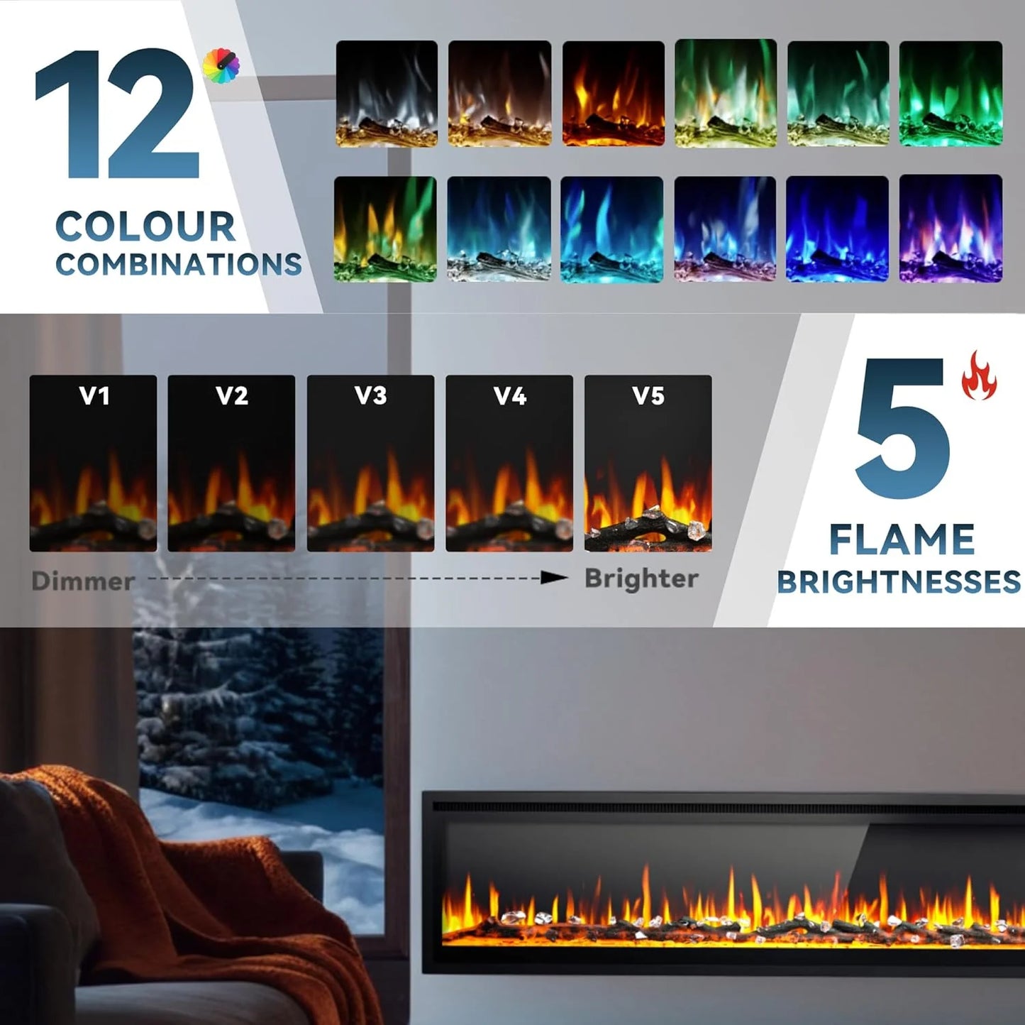 EUHOMY 50 Inch Electric Fireplace Wall Recessed and Wall Mounted with Adjustable Flame Color, Fireplace Heater with Remote Control, Linear Fireplace with Timer, Touch Screen, Log & Crystal, 750/1500W