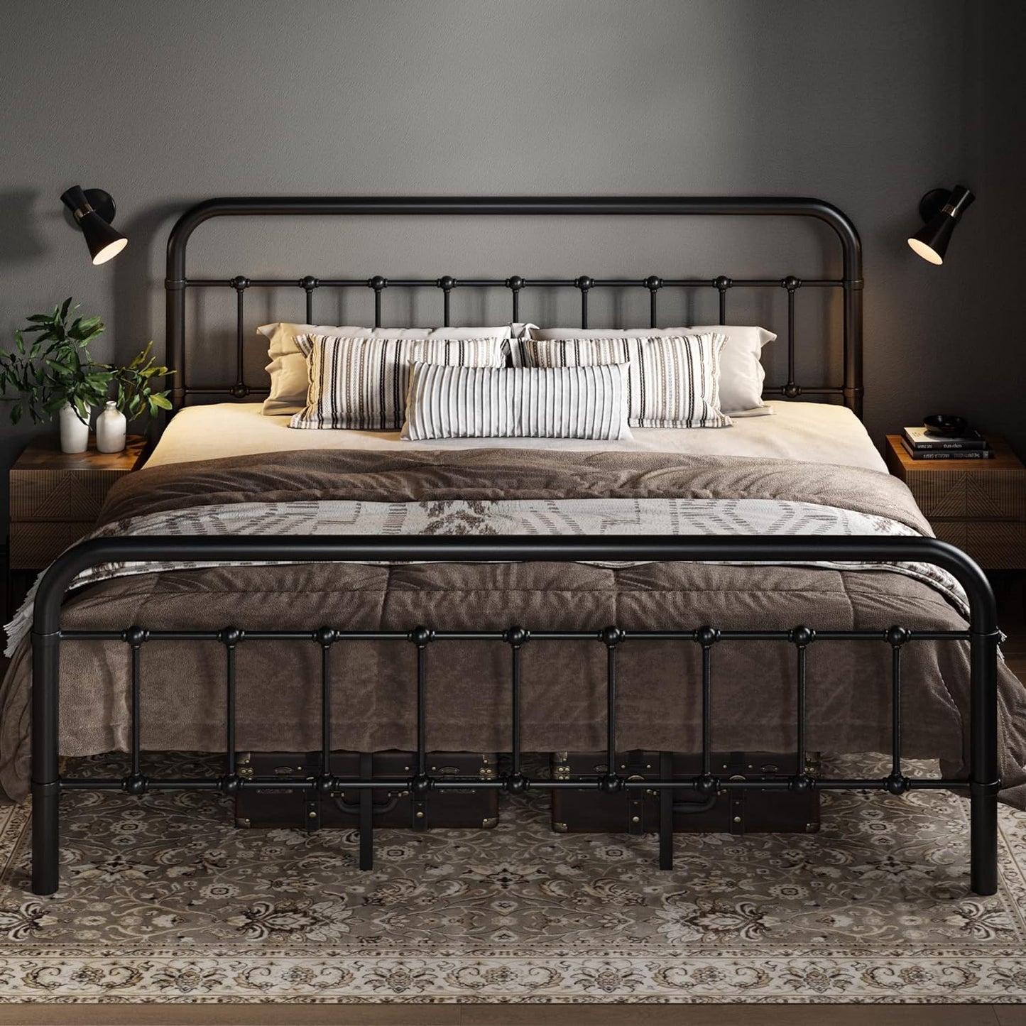 Allewie Queen Size Metal Platform Bed Frame with Victorian Style Wrought Iron-Art Headboard/Footboard, No Box Spring Required