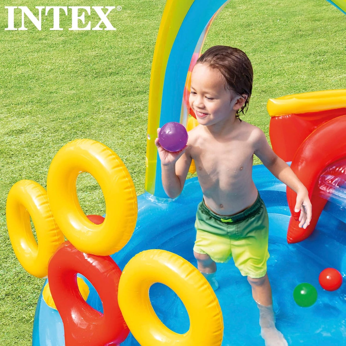 Intex 96" x 78" x 28" Inflatable Jungle Adventure Play Center Spray Kiddie Pool - Backyard Kids Water Slide, Outdoor Blow-Up Splash Pad for Toddlers